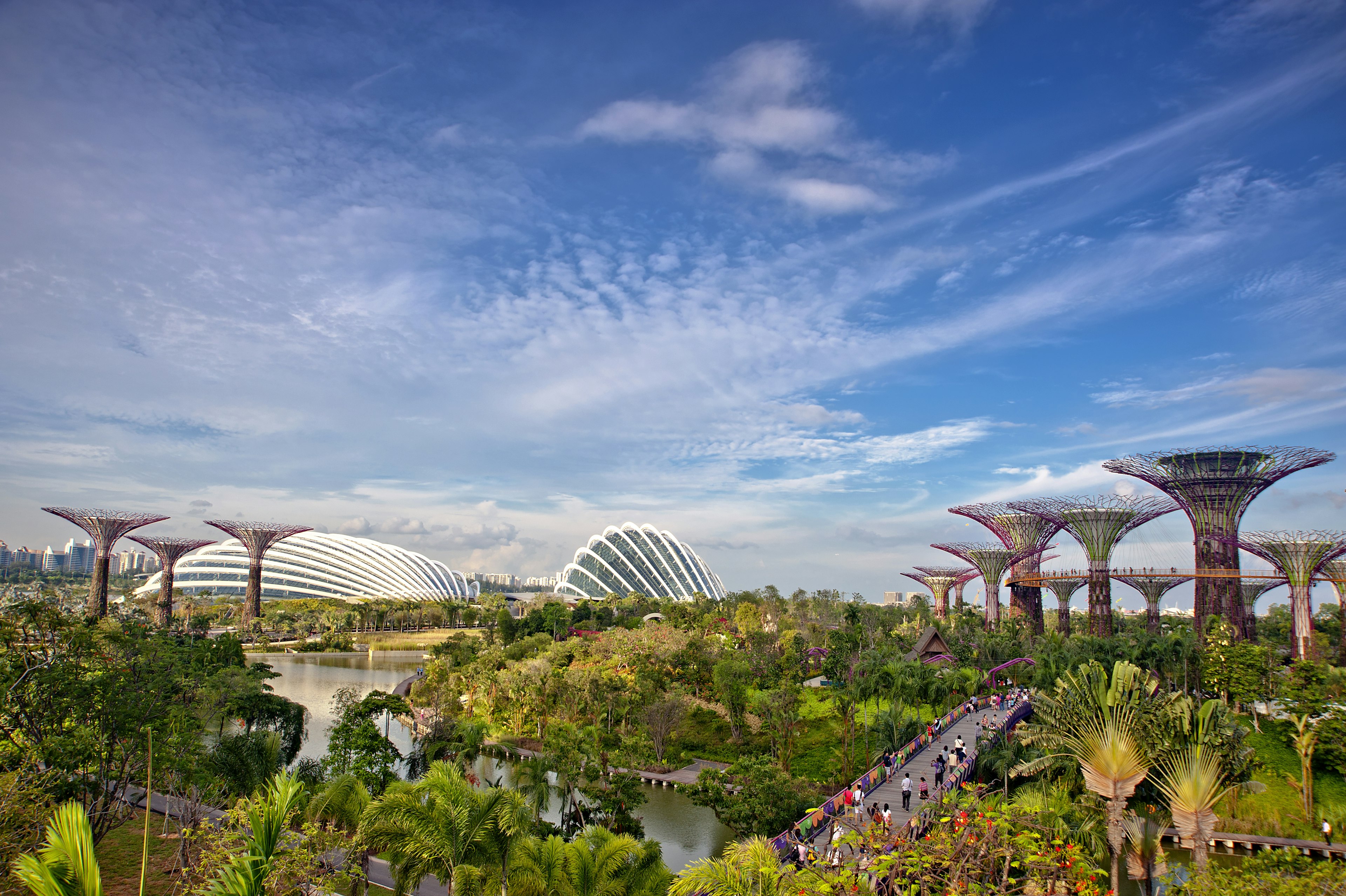 A large urban park, with a lot of greenery, a waterway, and several pieces of architecture that look like trees rising above the pathways