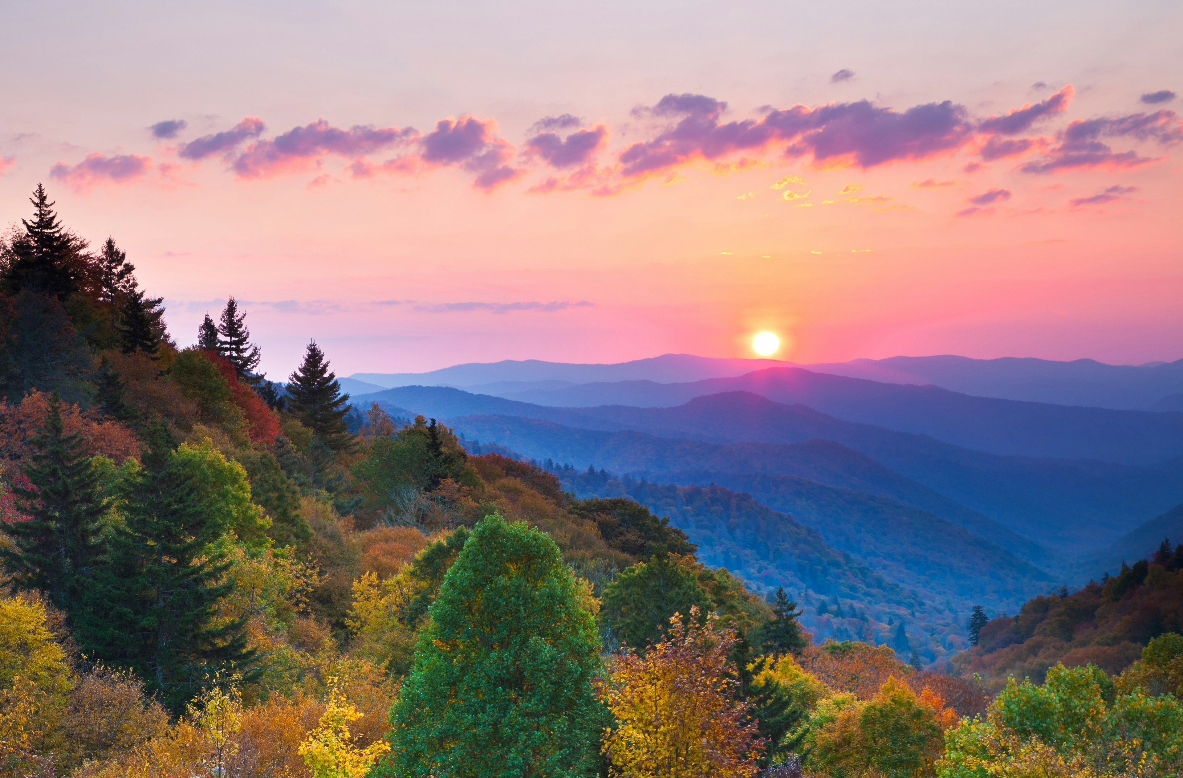 Autumn sunrise over rolling hills at the Great Smoky Mountains National Park