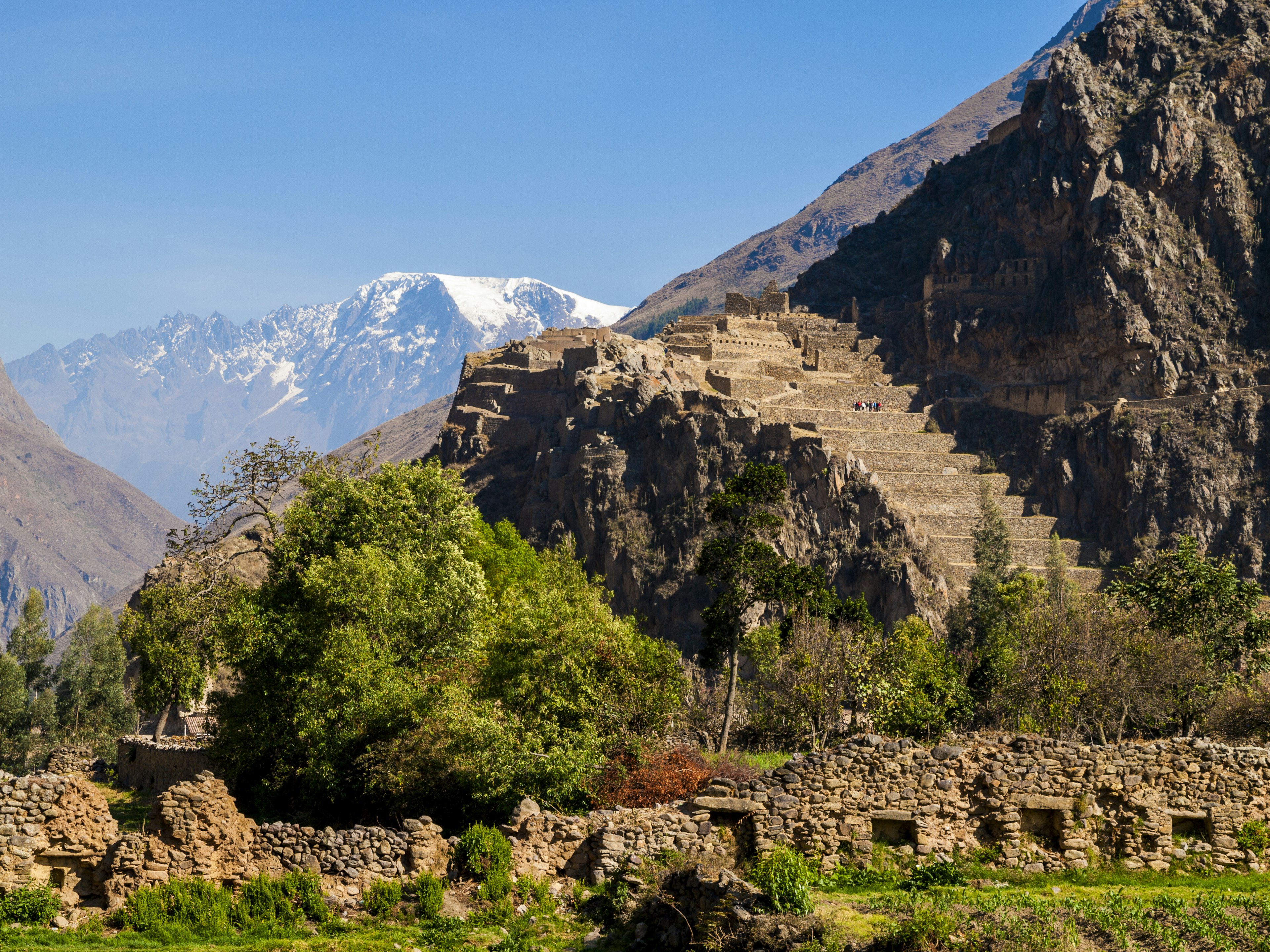 View of mountains and the Ollantaytambo ruins in the Sacred Valley, Peru