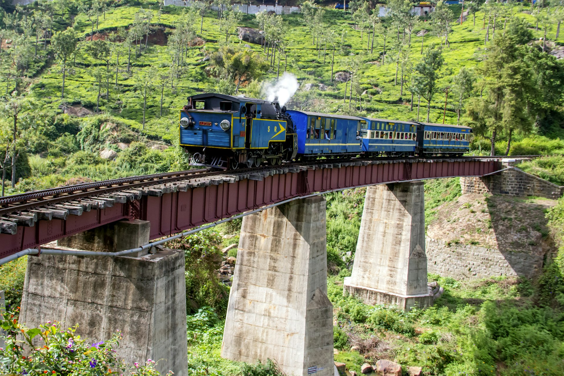 A blue heritage train crosses a bridge on the Nilgiri Mountain Railway (NMR) to Ooty (Udagamandalam). 