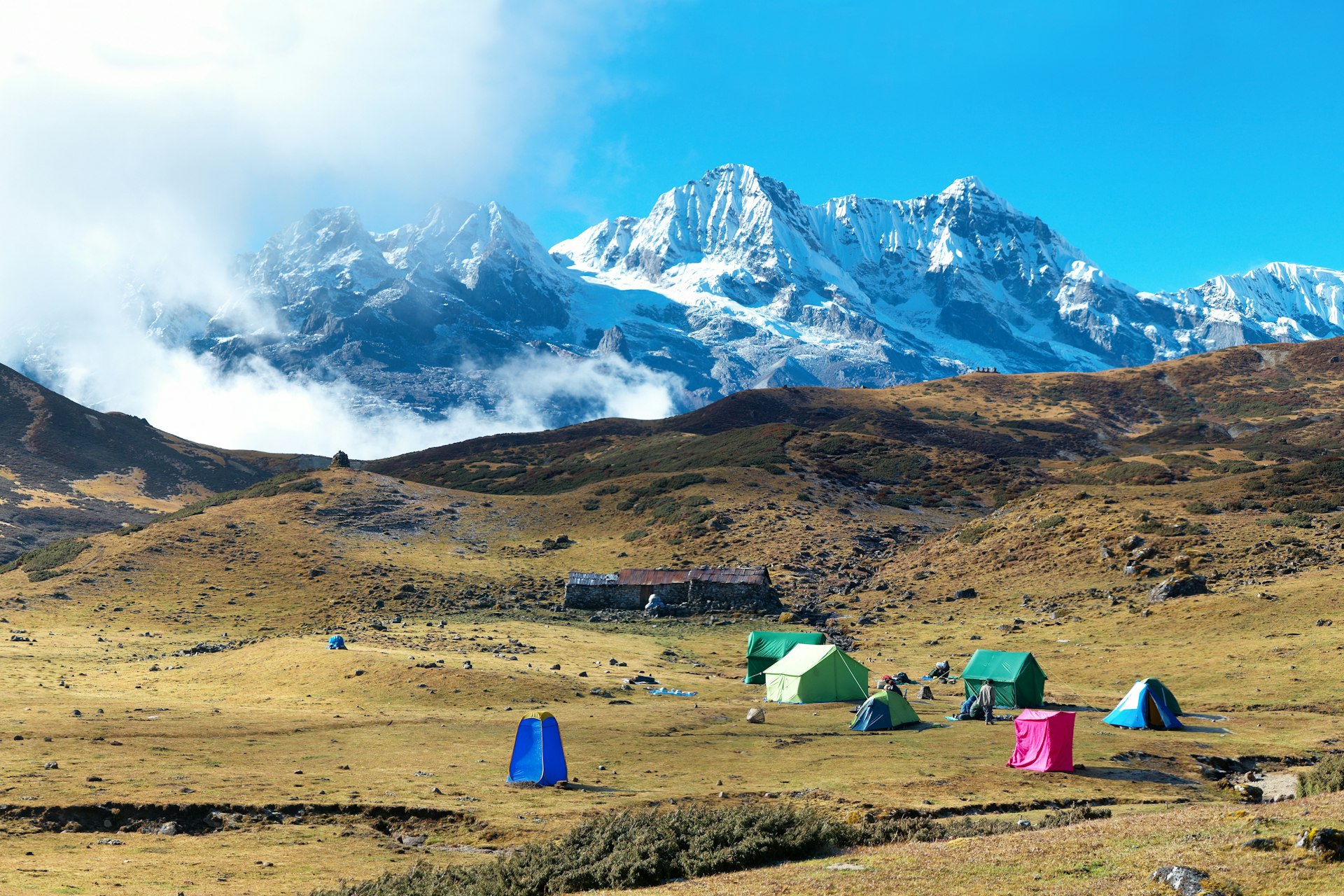 Campsite with tents on the top of high mountains, covered by snow, in Sikkim, India. 