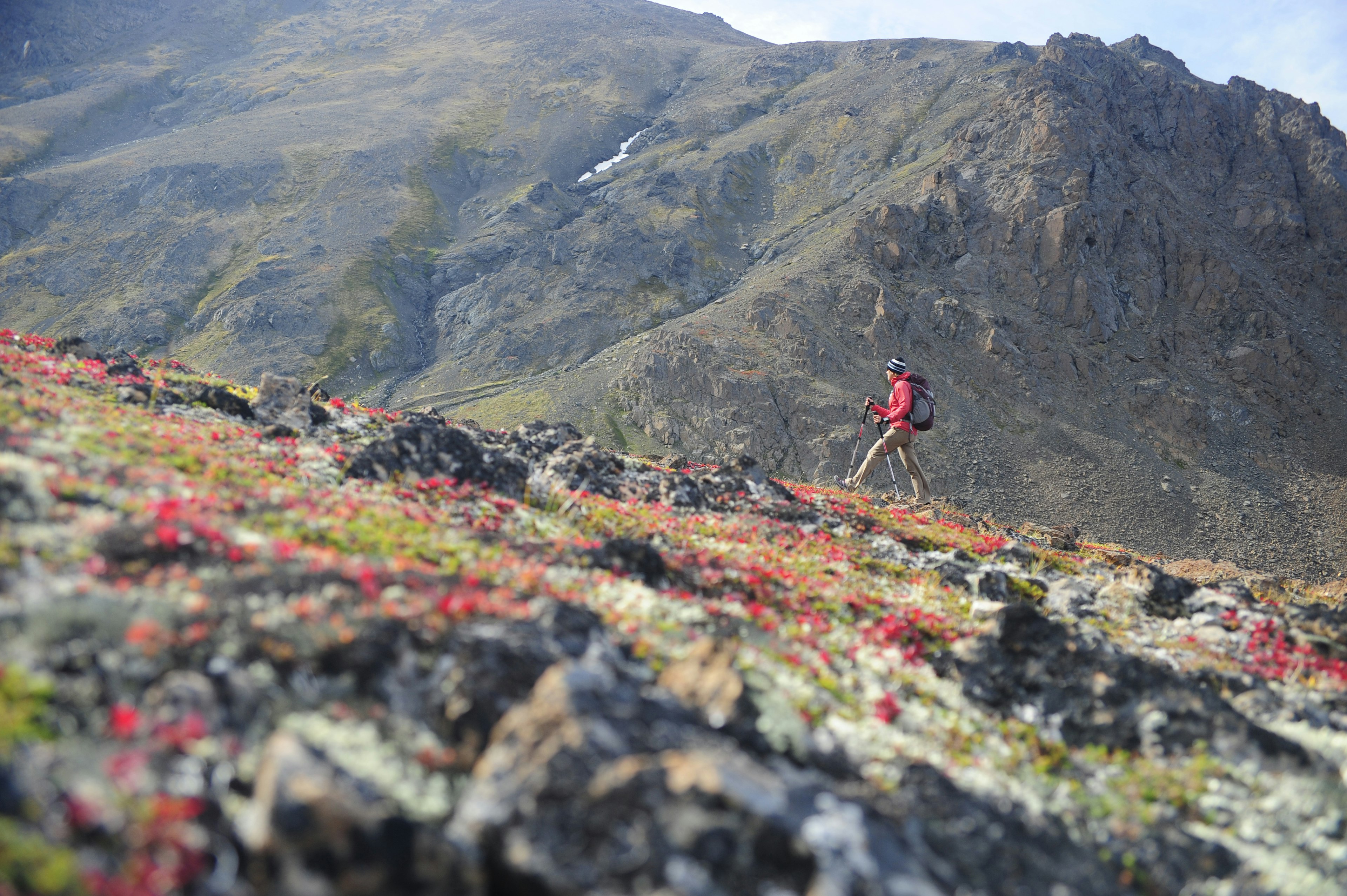 Backpacker hike in Chugach State Park near Anchorage, Alaska.