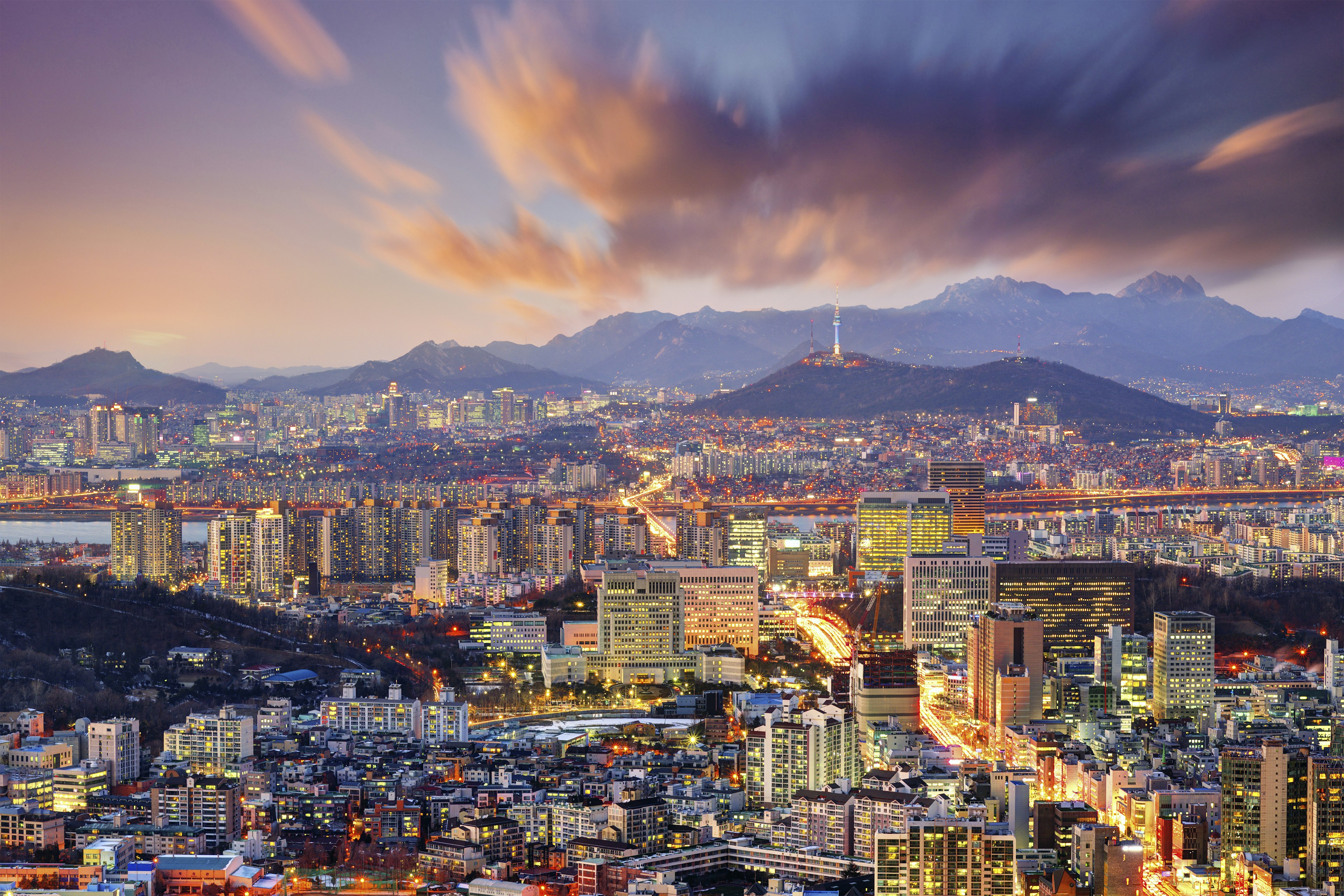 Skyline of downtown Seoul at dusk