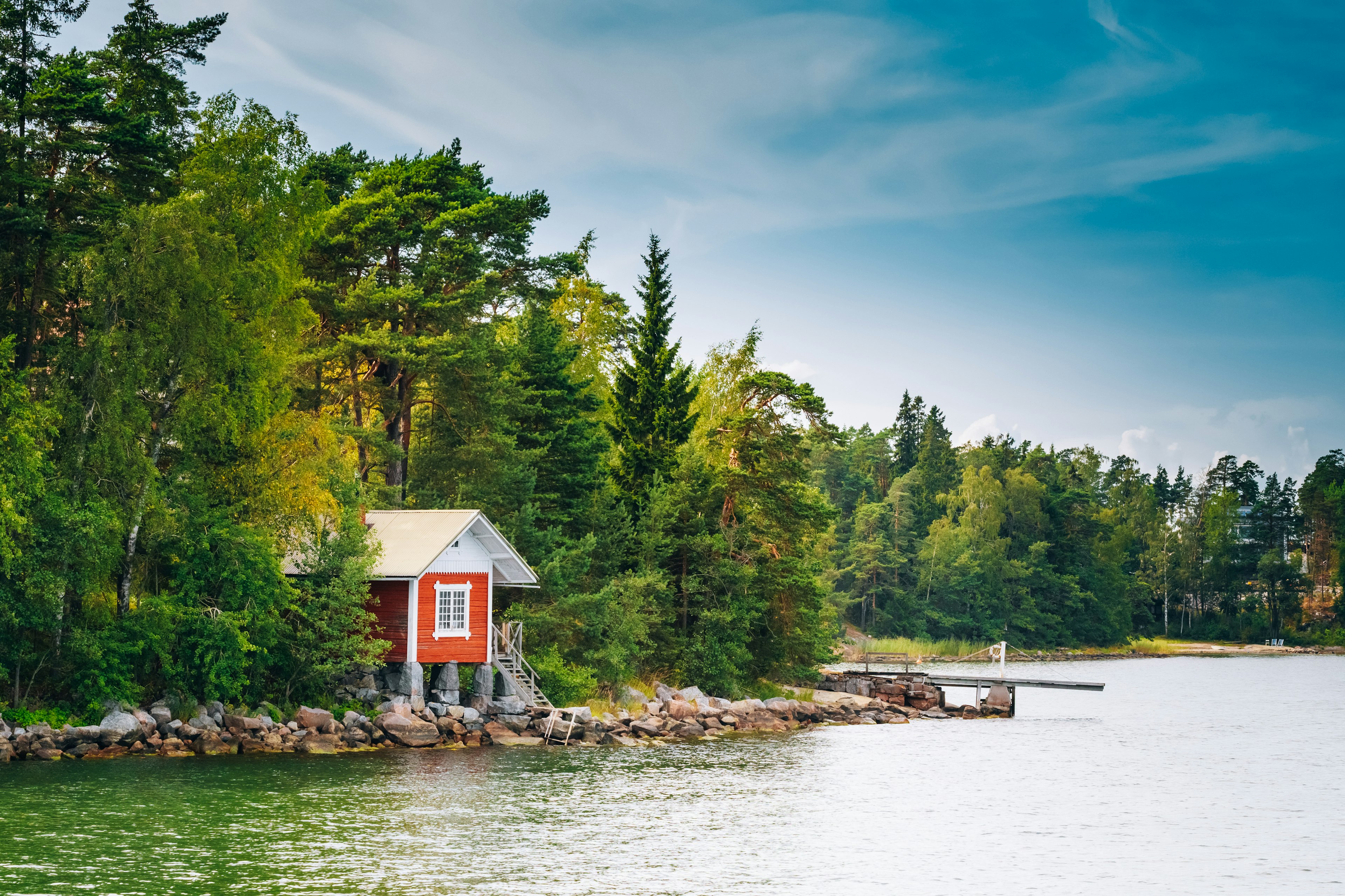 Red Finnish Wooden Bath Sauna Log Cabin In Summer