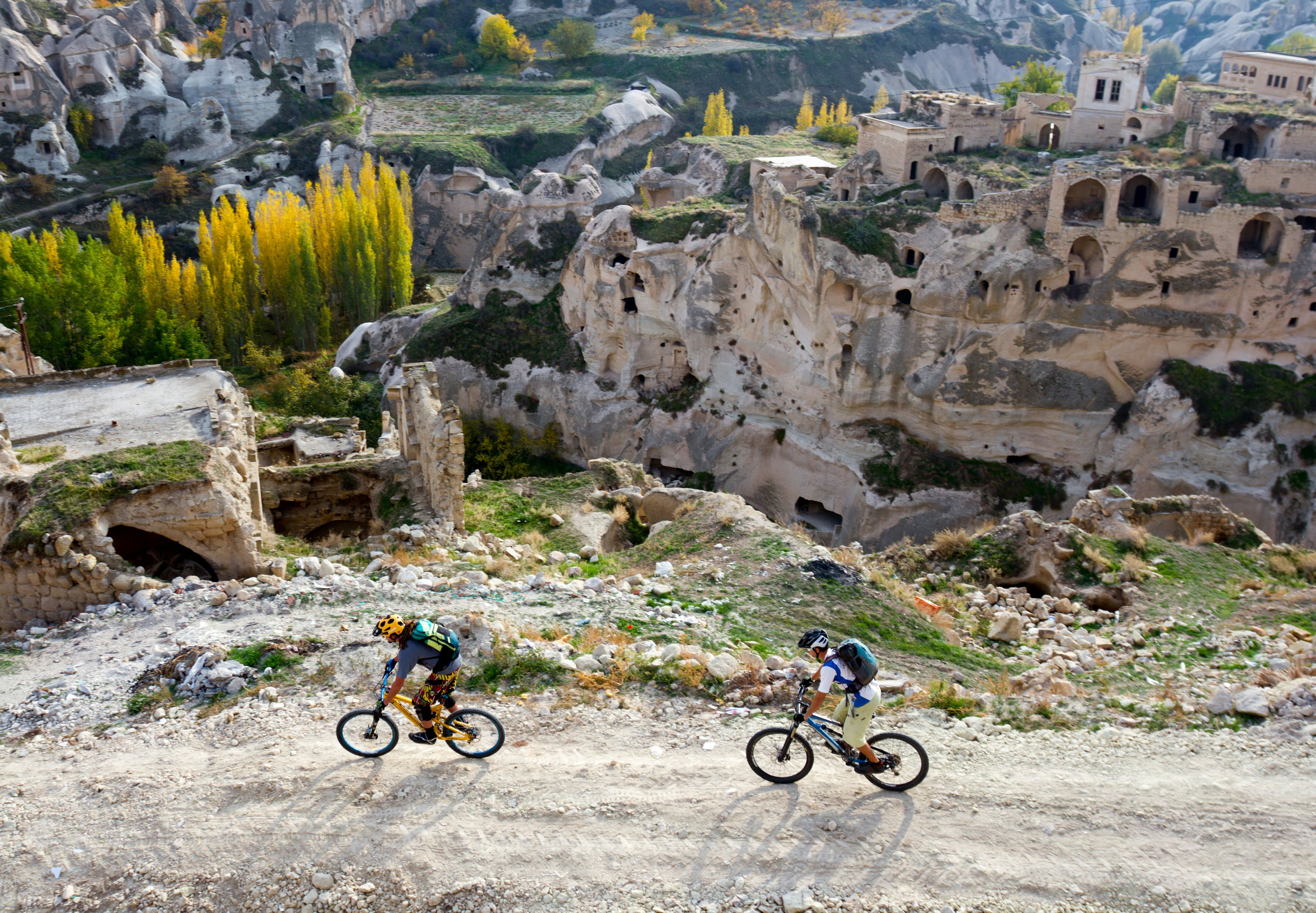 Mountain bikers exploring routes in Turkey's beautiful area of Cappadocia