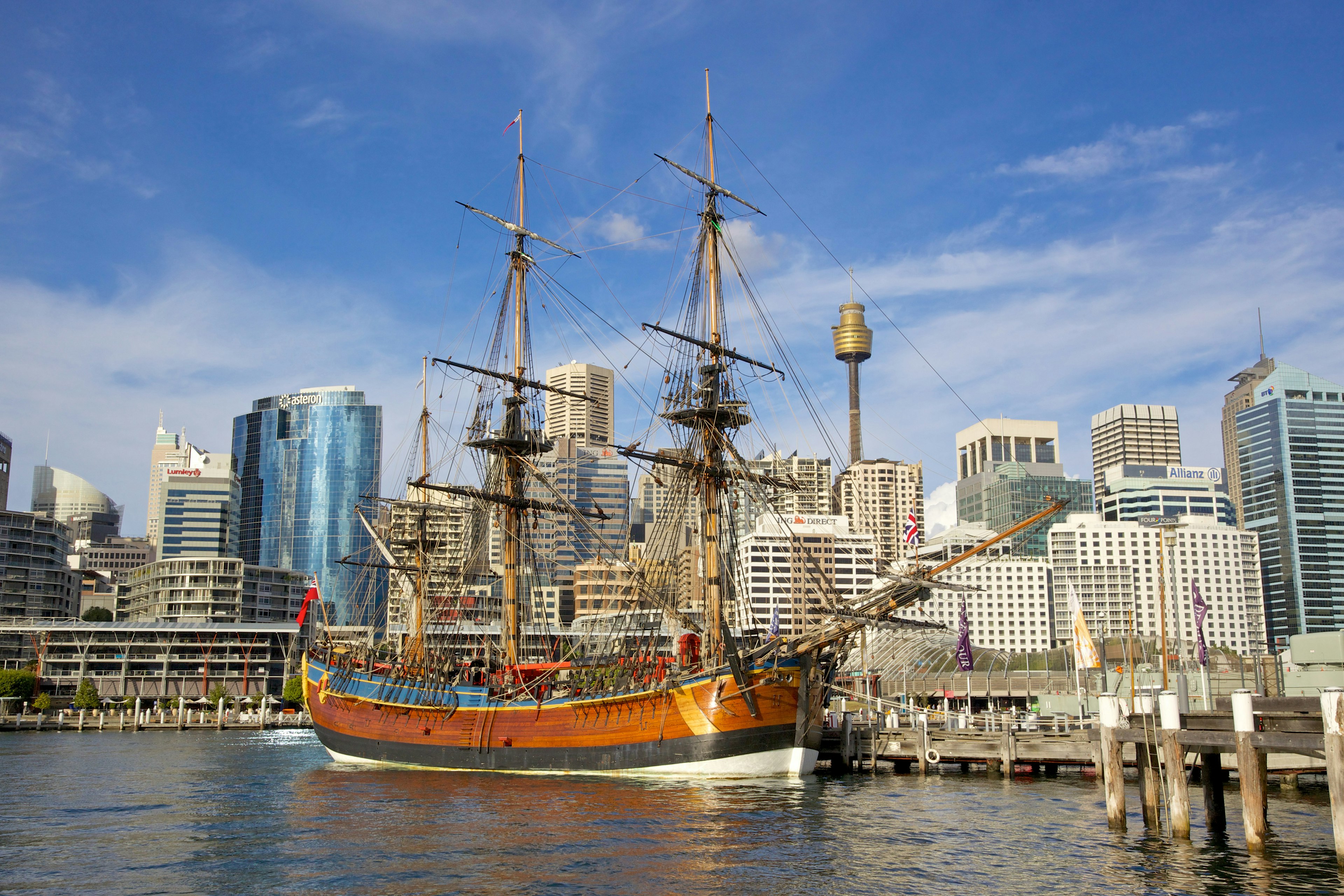 HMS Endeavour Replica moored alongside the Australian National Maritime Museum in Darling Harbour