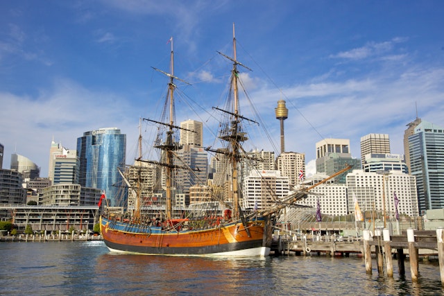 HMS Endeavour Replica moored alongside the Australian National Maritime Museum in Darling Harbour