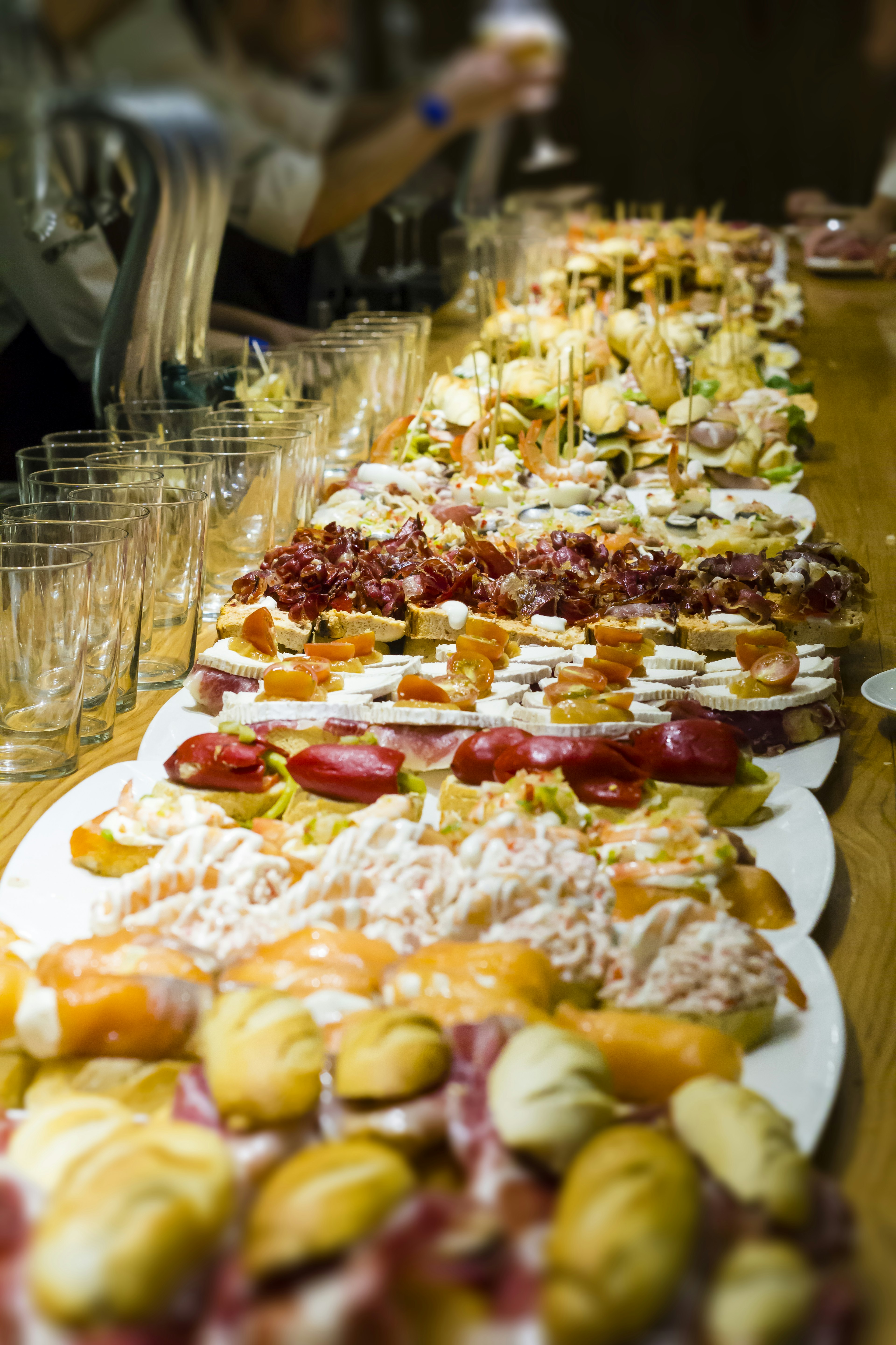 Spanish snacks (pintxos) on the counter of the tapas bar