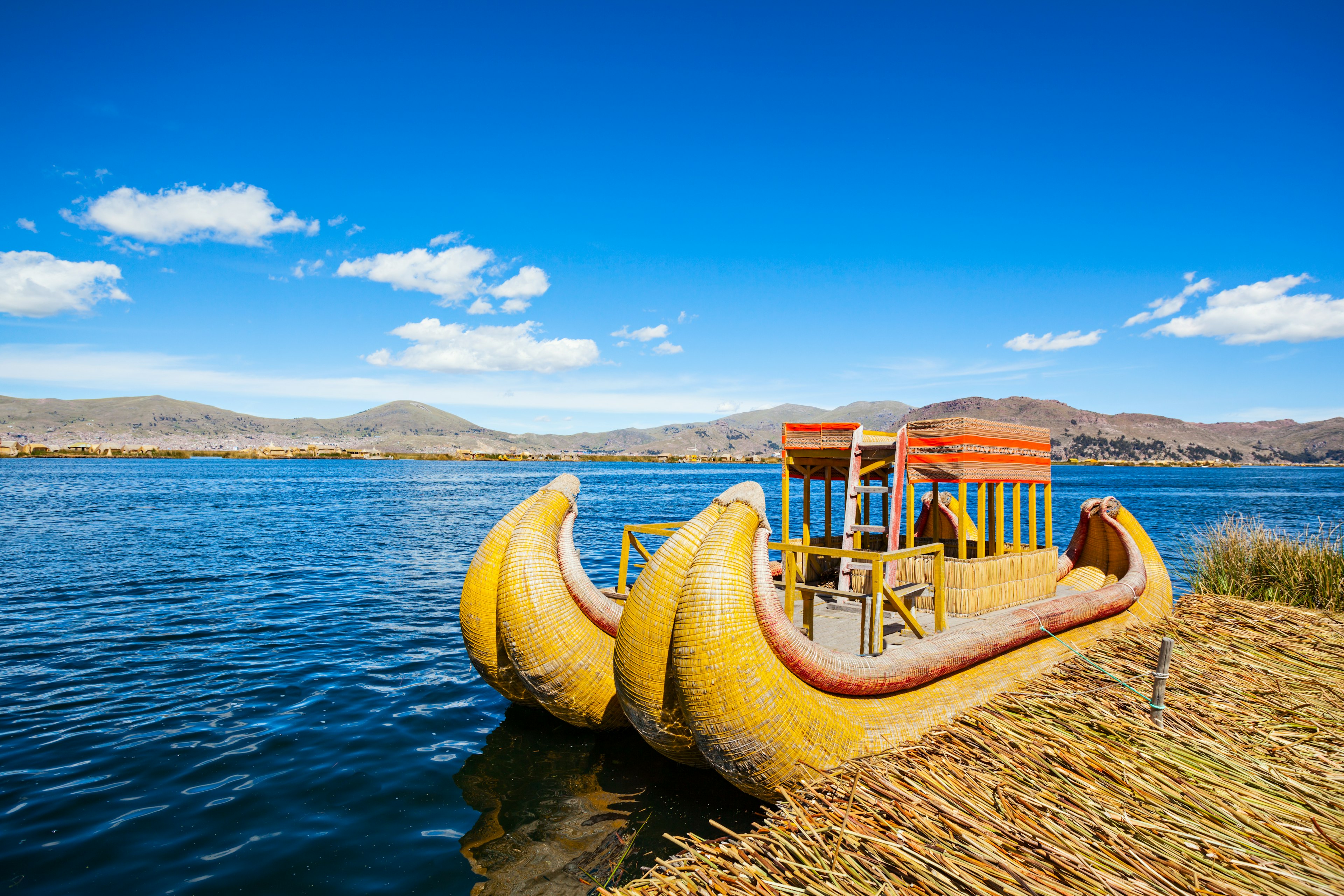 Totora boat on Lake Titicaca in Peru