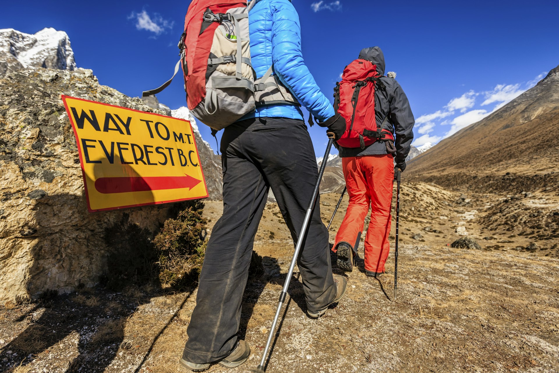 Group of trekkers passing signpost on the way to Everest Base Camp in Sagarmatha National Park, Nepal. 