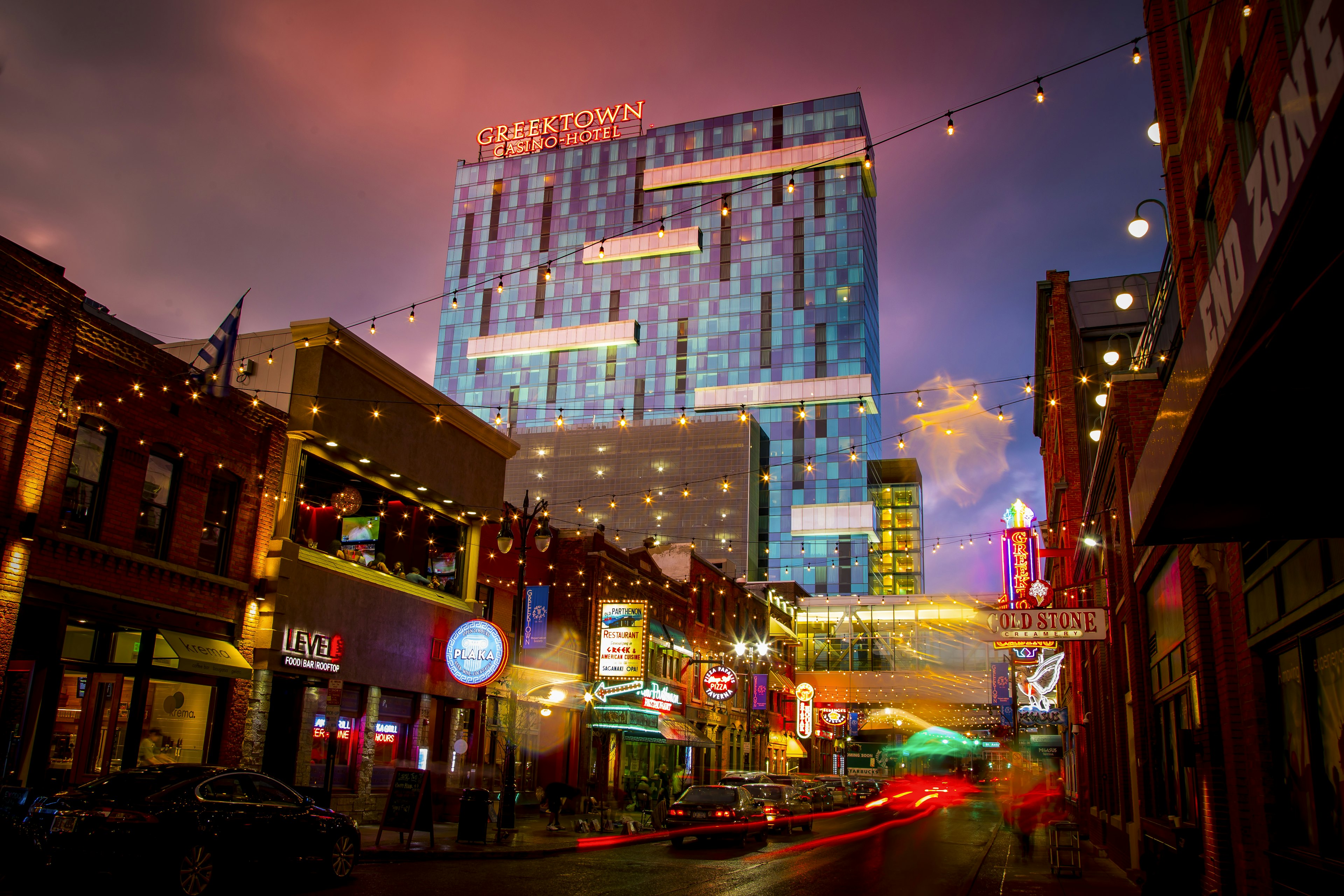 The Greektown district of Detroit lit up at night