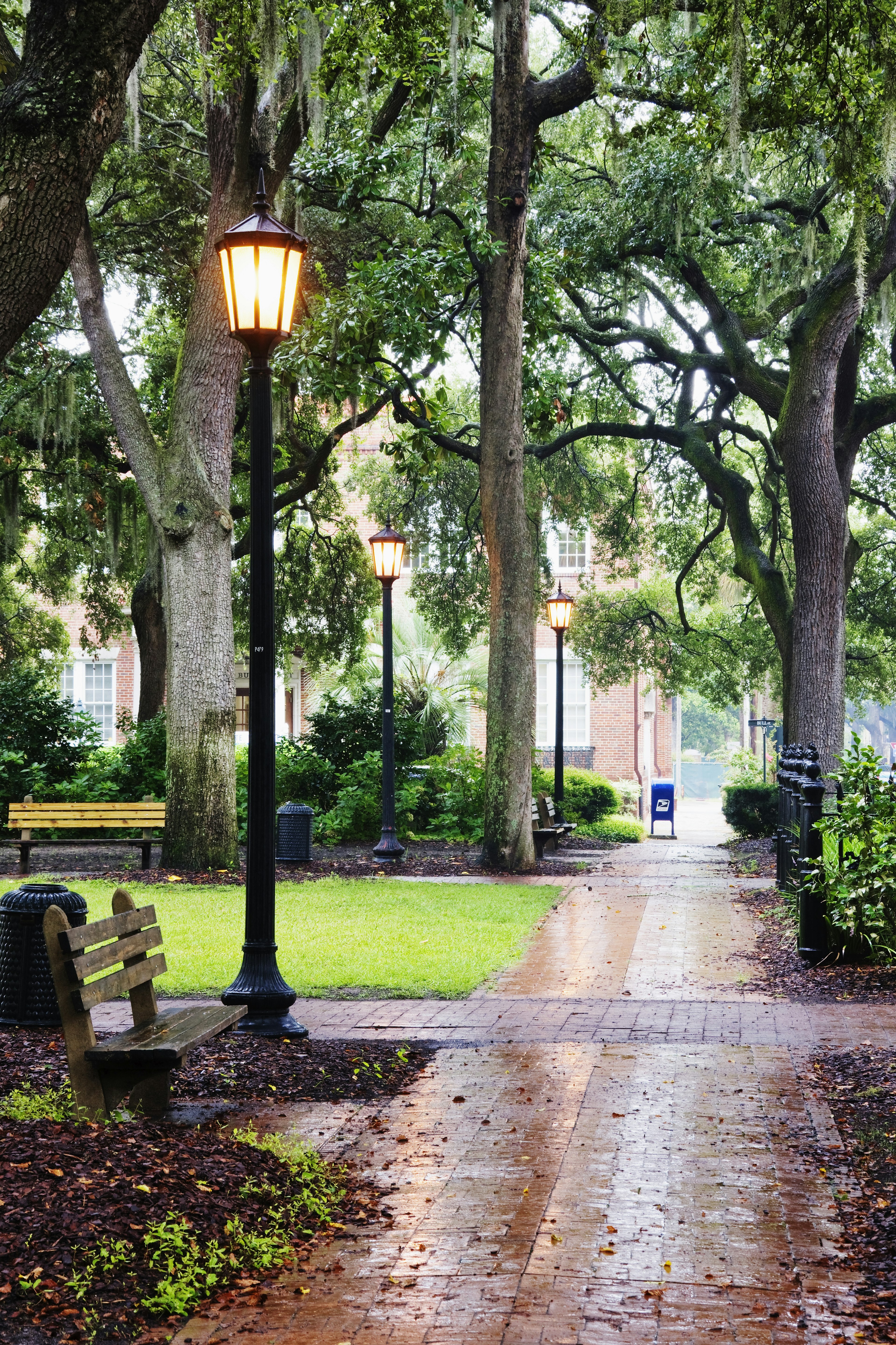 Old-fashioned streetlights line a path through a rainy urban park