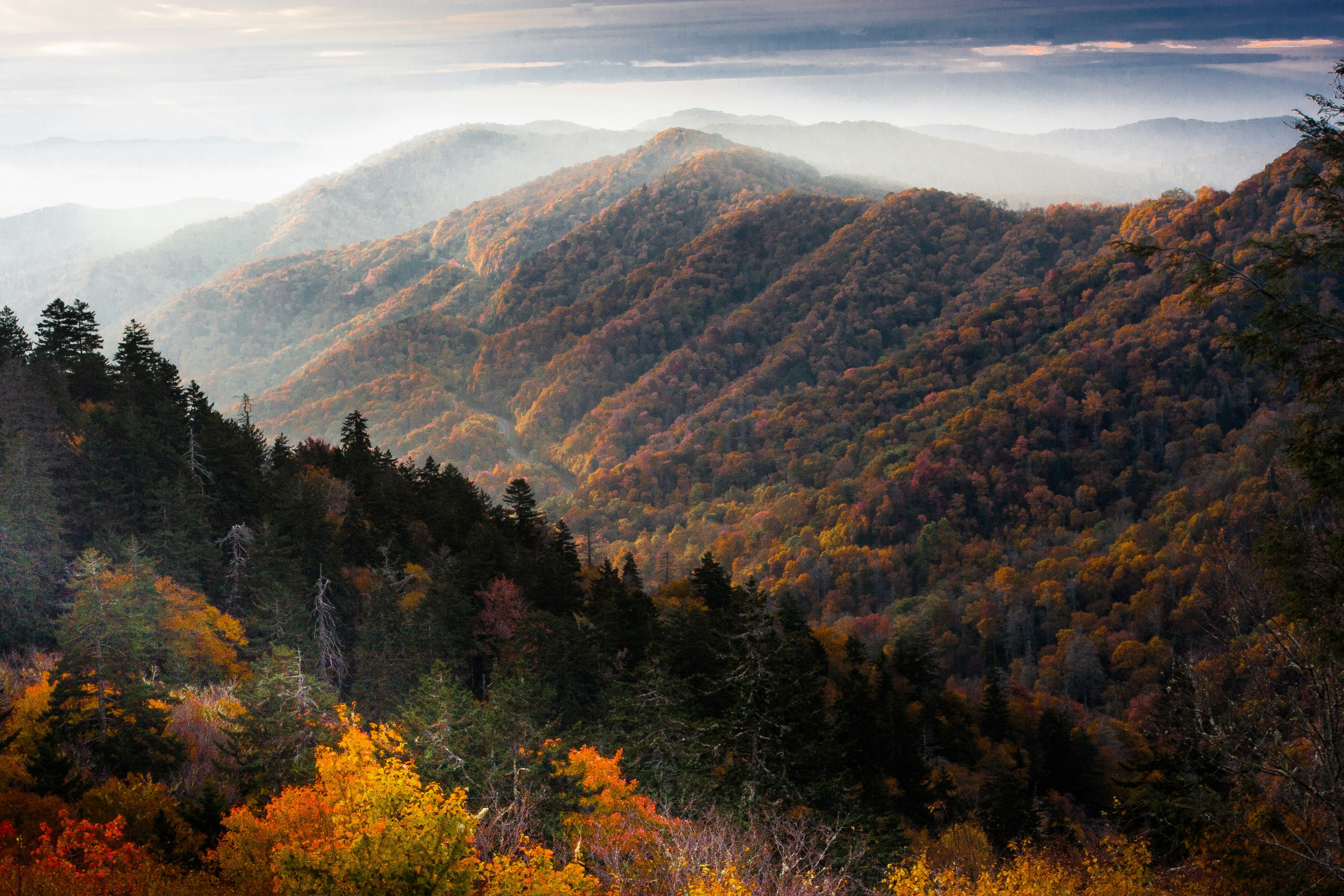 A view of the sun rising between mountains in the Smoky Mountains, USA. The mountains are covered in thick forest.