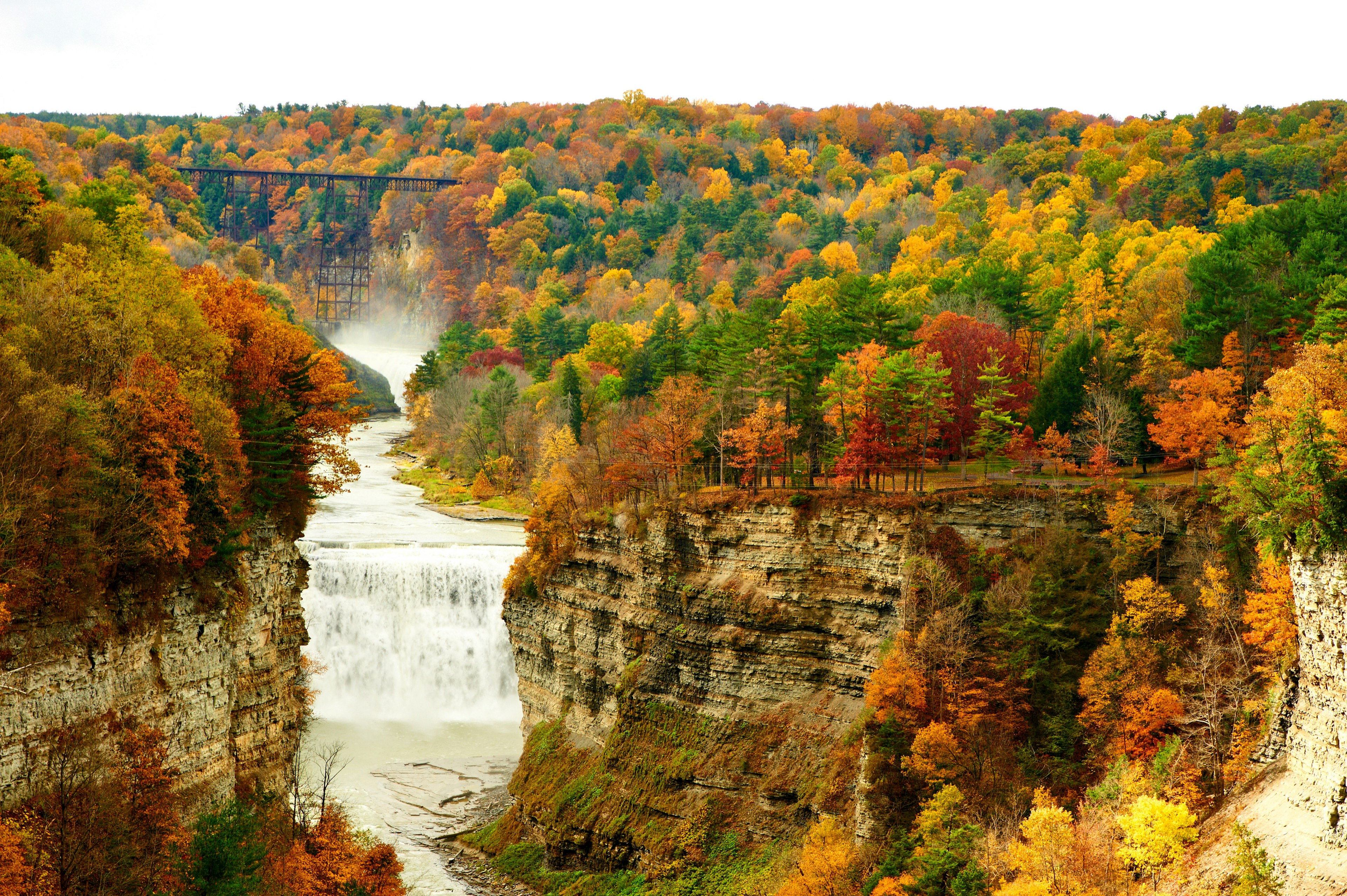 Autumn scene of waterfalls and gorge at Letchworth State Park