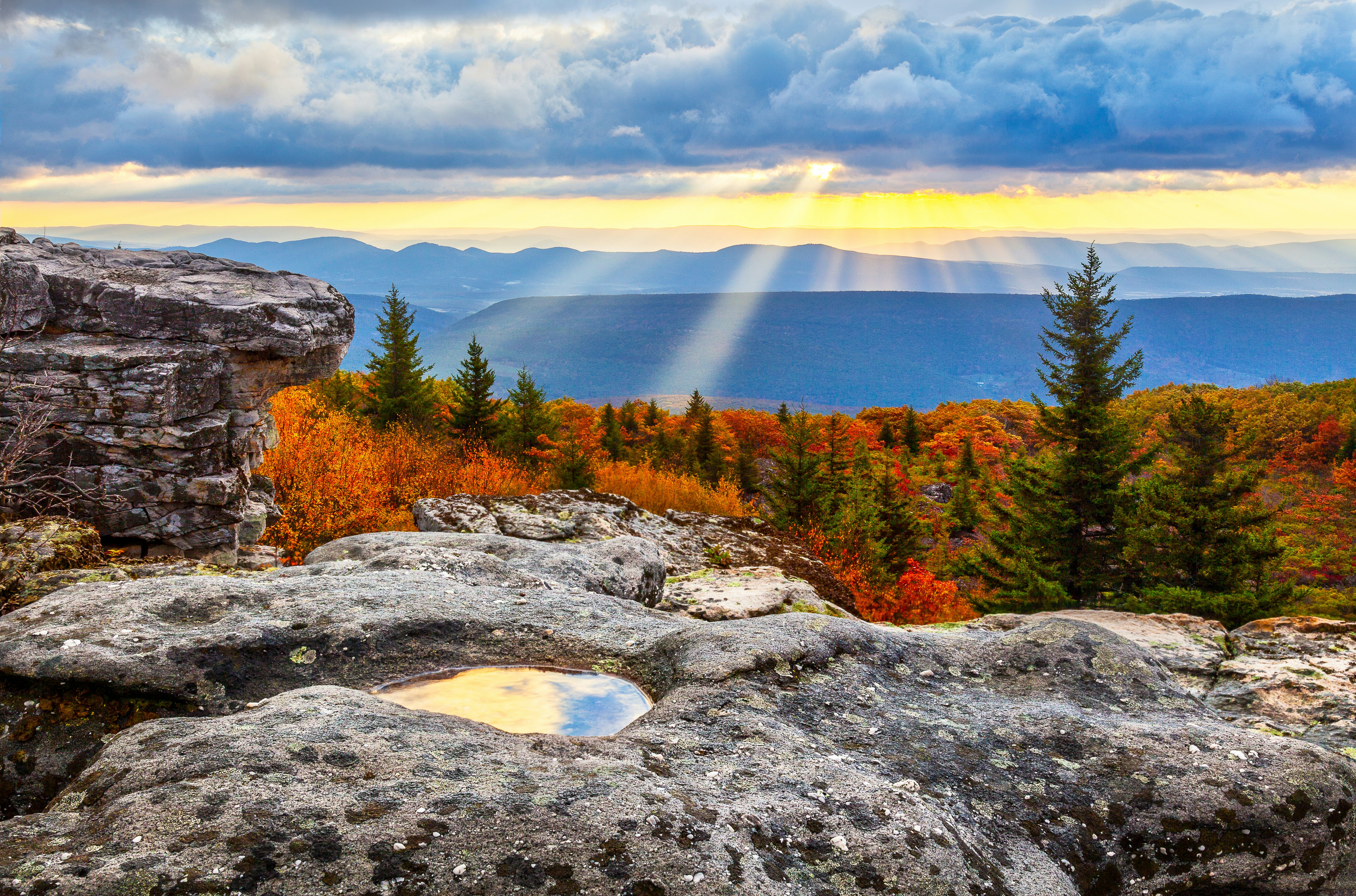 Sunrise from Dolly Sods Wilderness Area in West Virginia, with autumn foliage and sunbeans coming through dark clouds