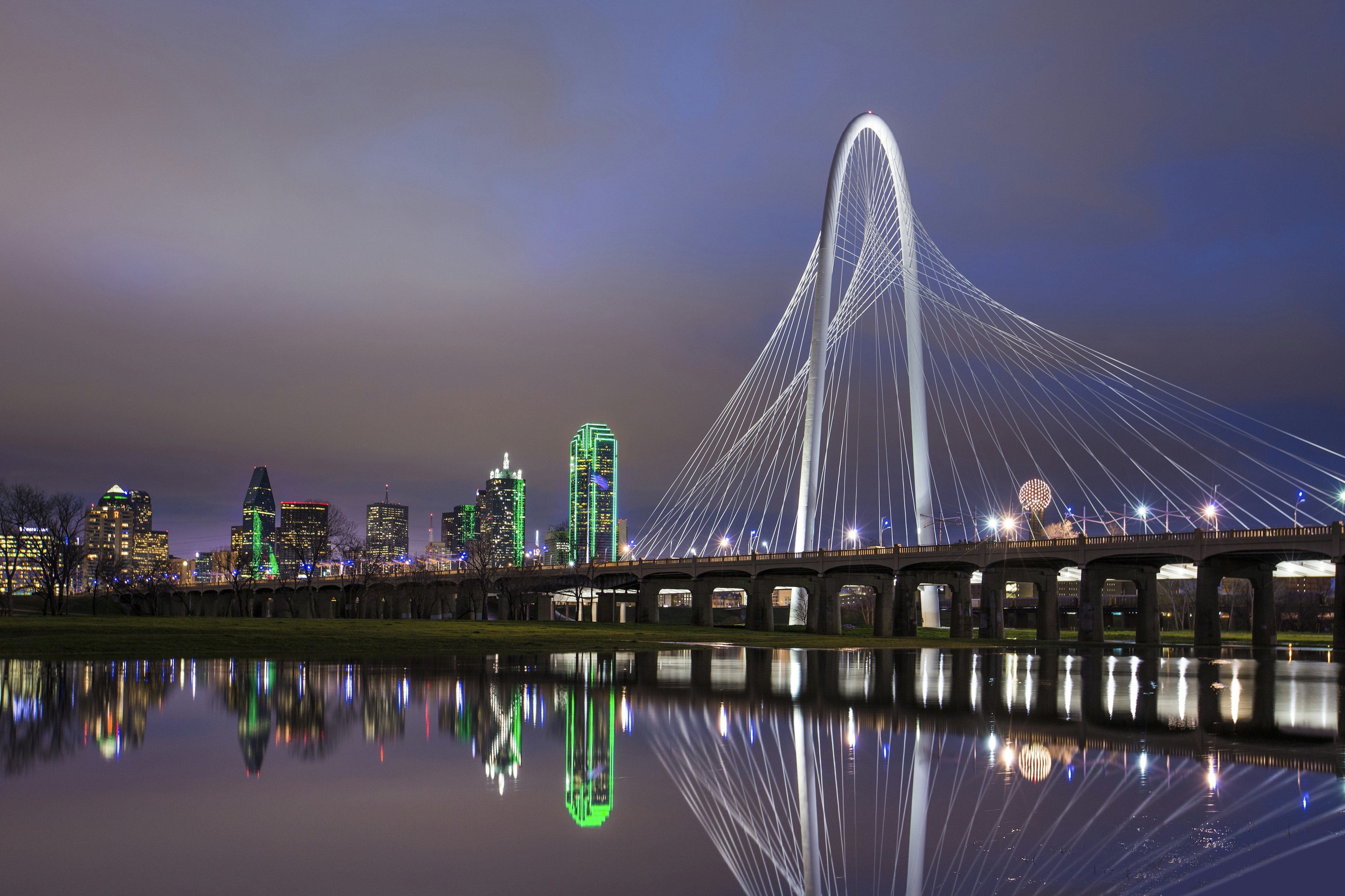 Margaret Hunt Hill Bridge reflecting in Trinity River, Dallas, Texas, United States