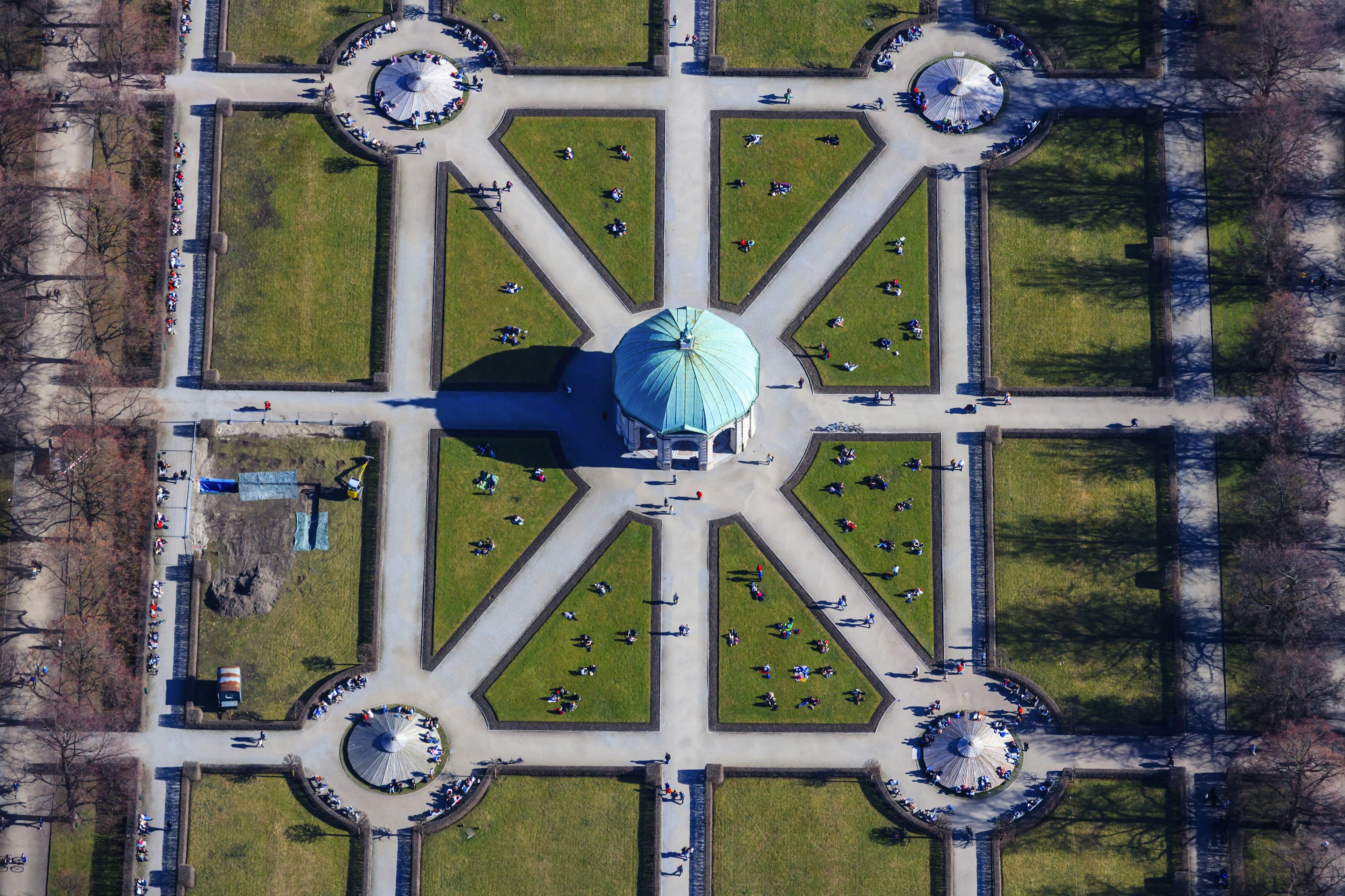 An aerial view looking down on the geometric paths and Diana Temple at Hofgarten, Munich