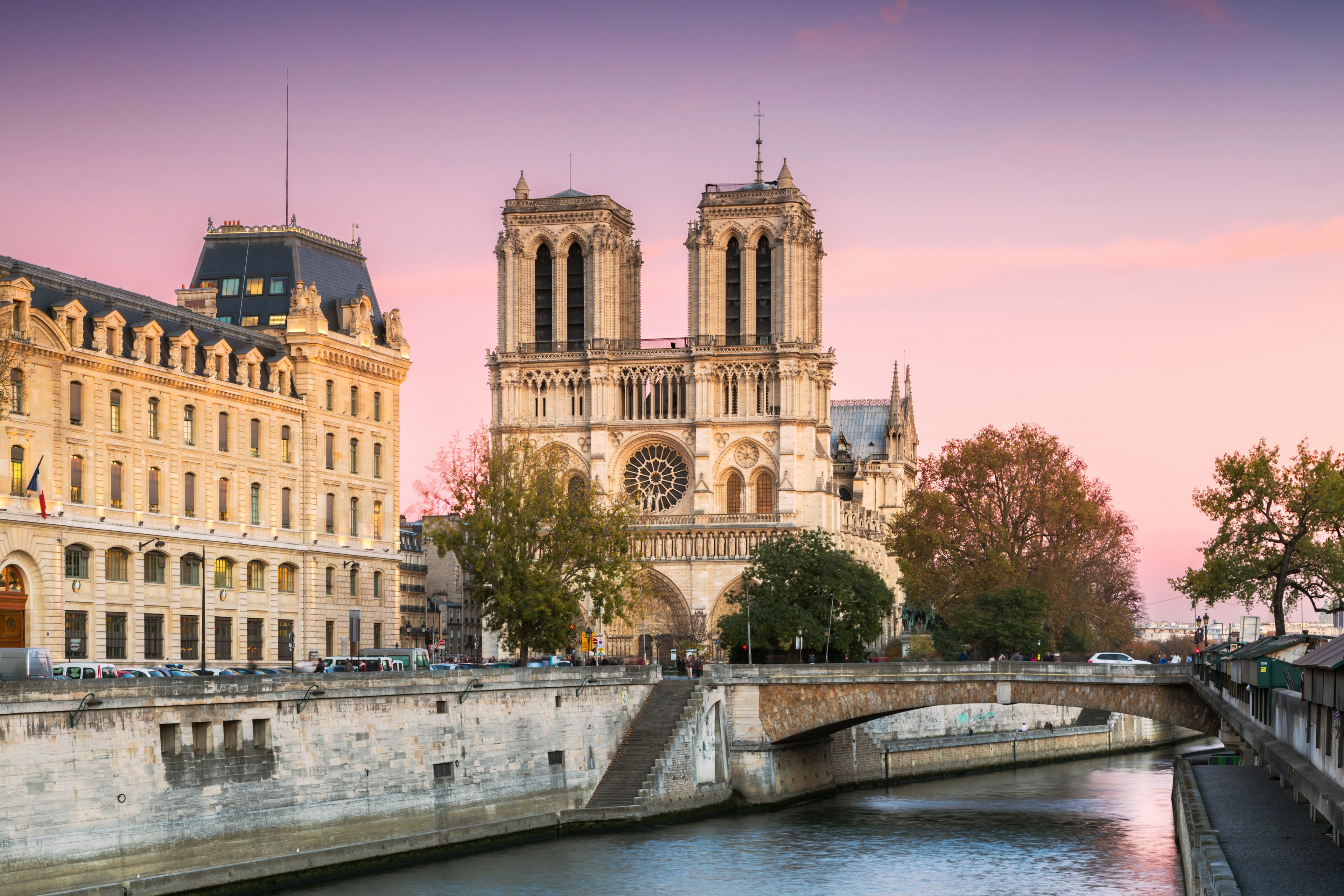 Notre Dame cathedral at sunset in Paris, France