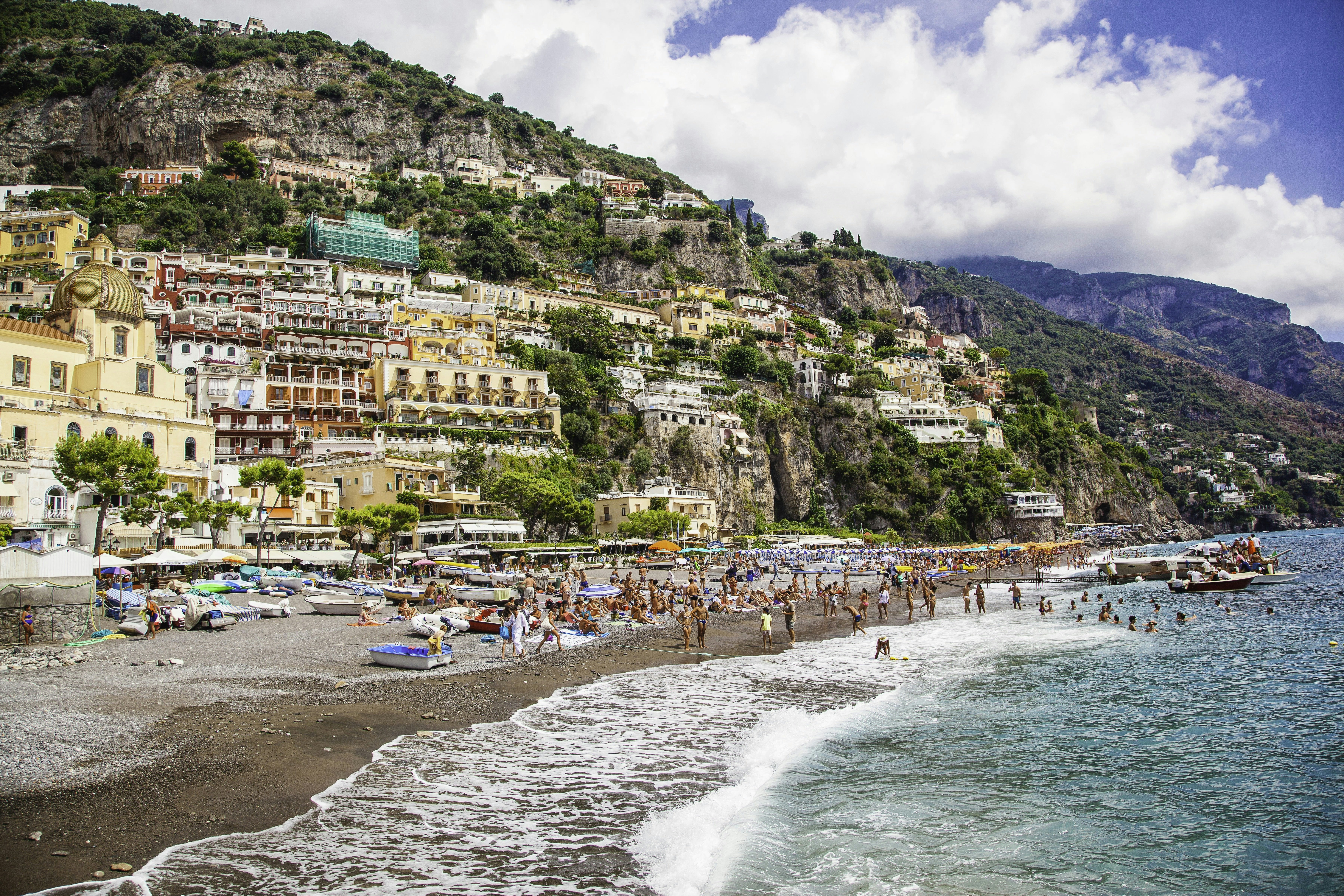 People on the beach at Positano on the Amalfi Coast, Italy