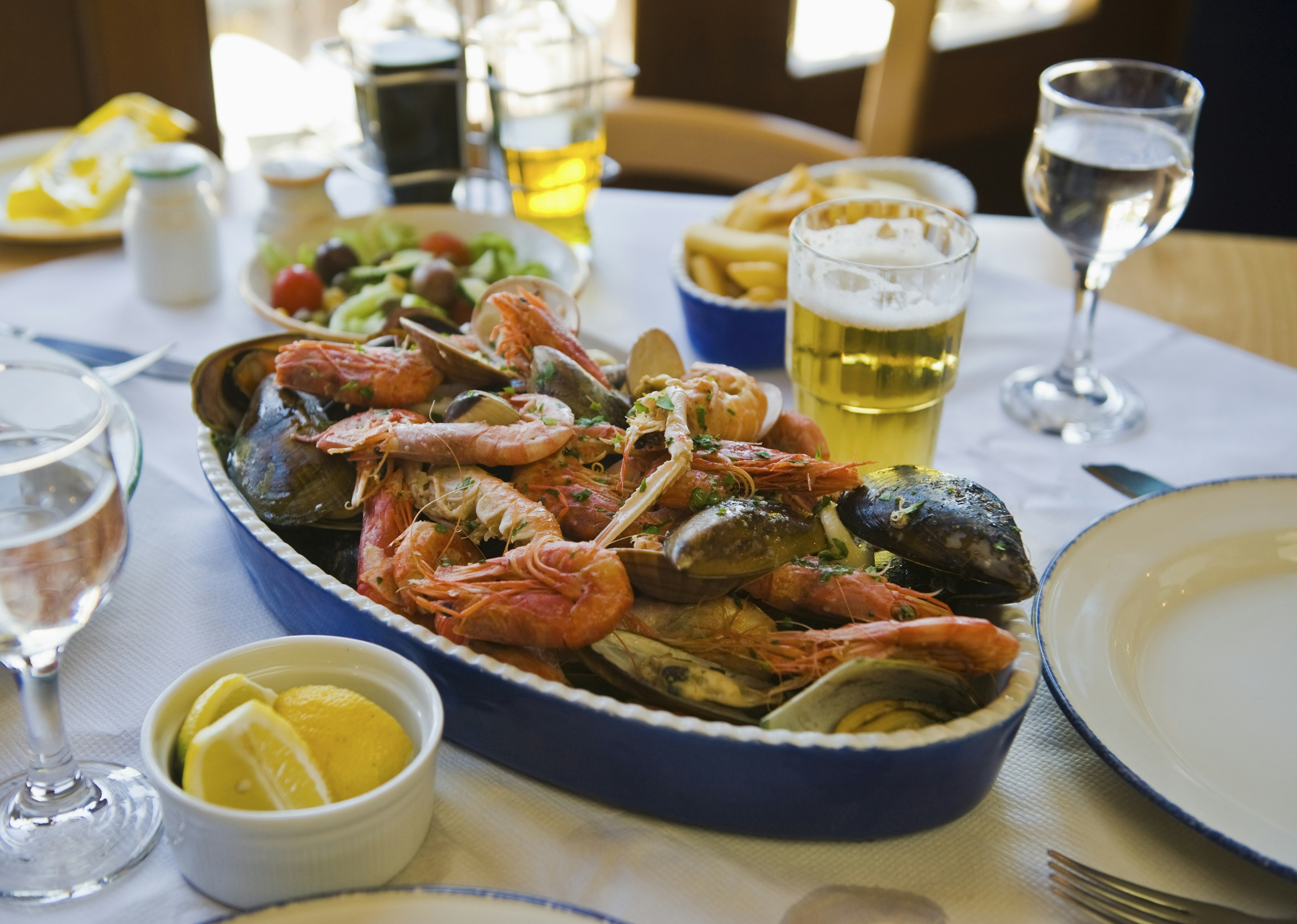 Mixed seafood on a restaurant table in Malta.