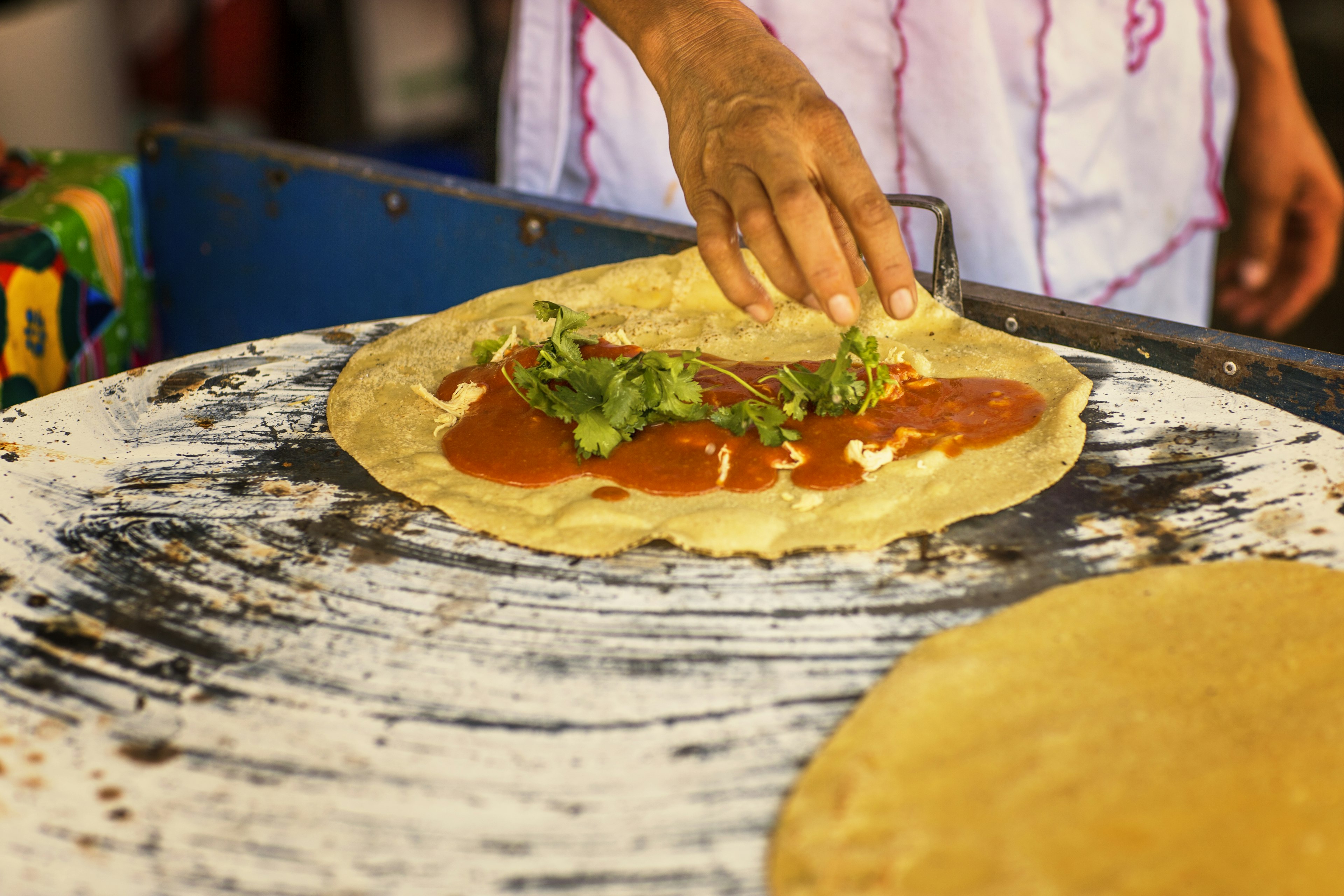 Chef making a mole amarillo (yellow mole) quesadilla in Mexico