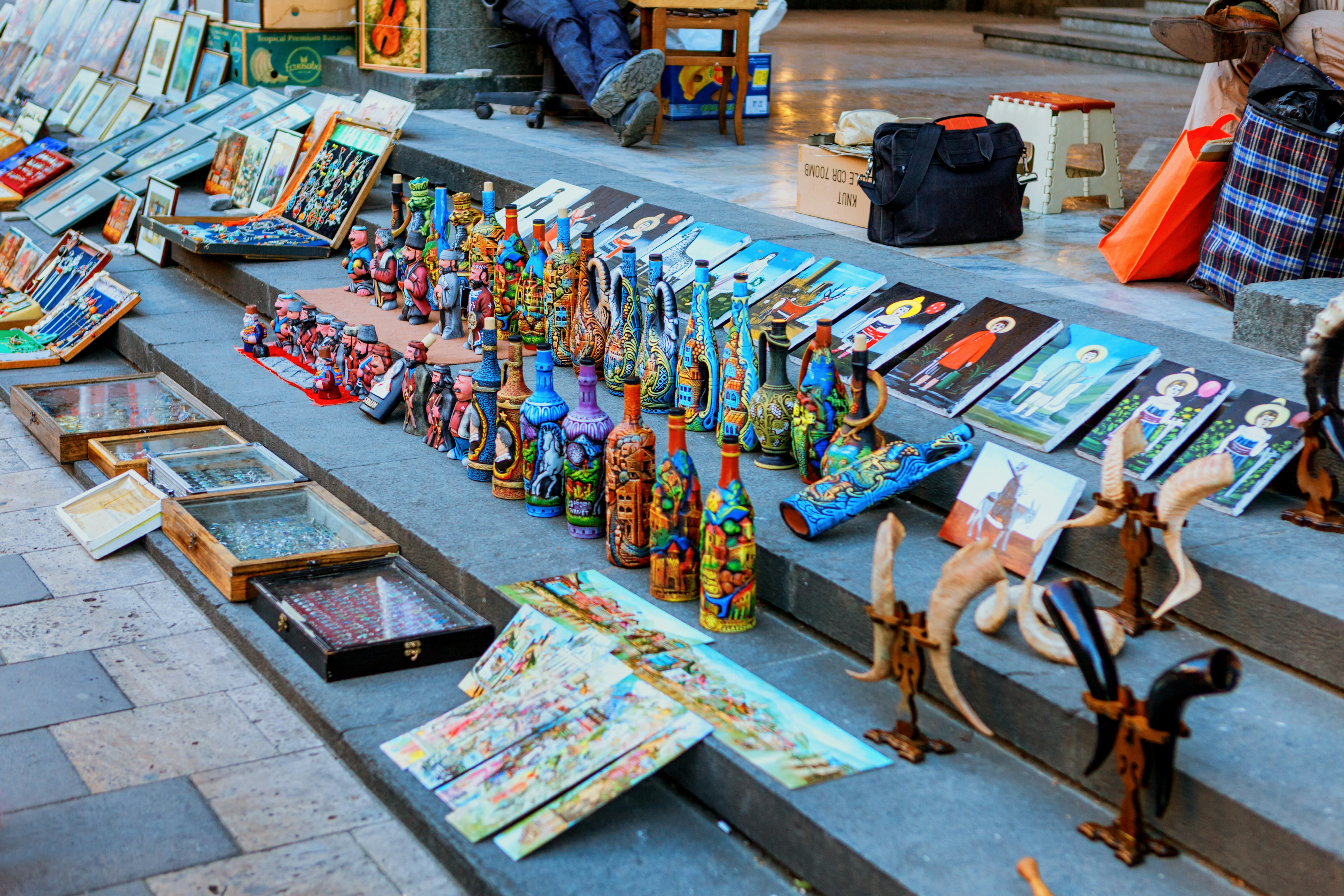 handicrafts, paintings, and antiques on display at the Dry Bridge Flea market in Tbilisi