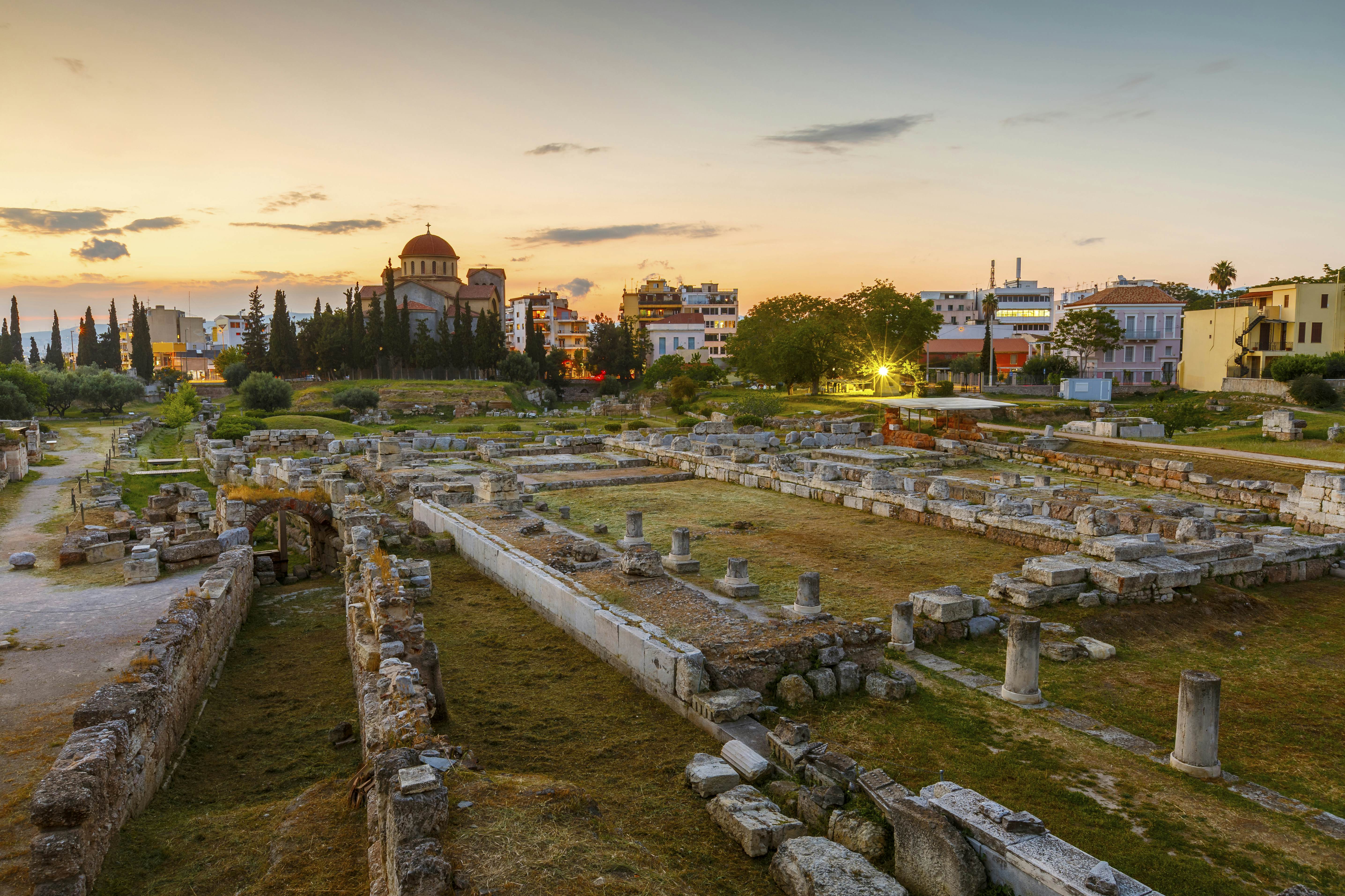 The archaeological site of Kerameikos on the edge of the old town of Athens at sunset