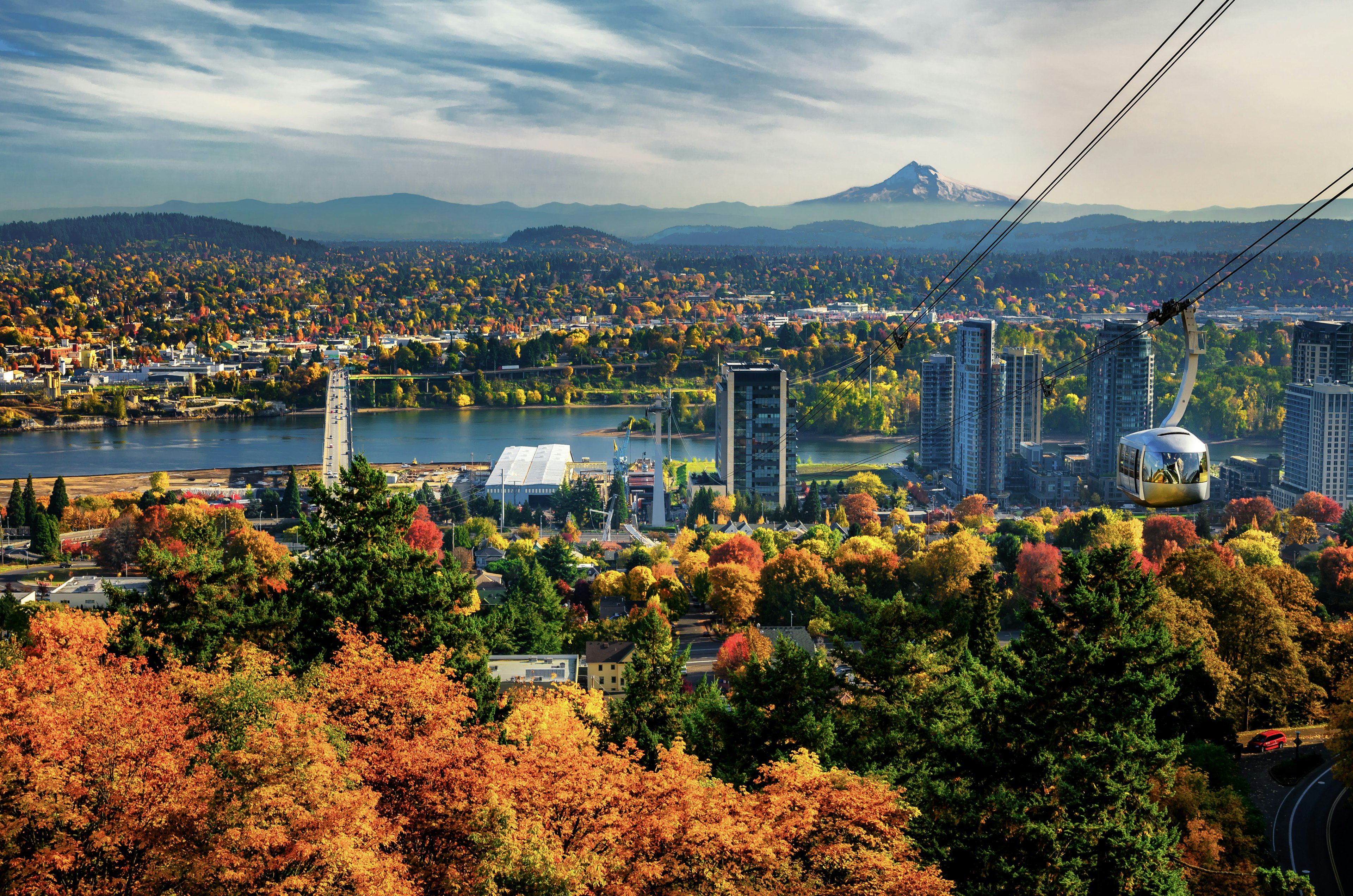 View of Portland skyline from the Portland Aerial Tram with Mt. Hood in the background.