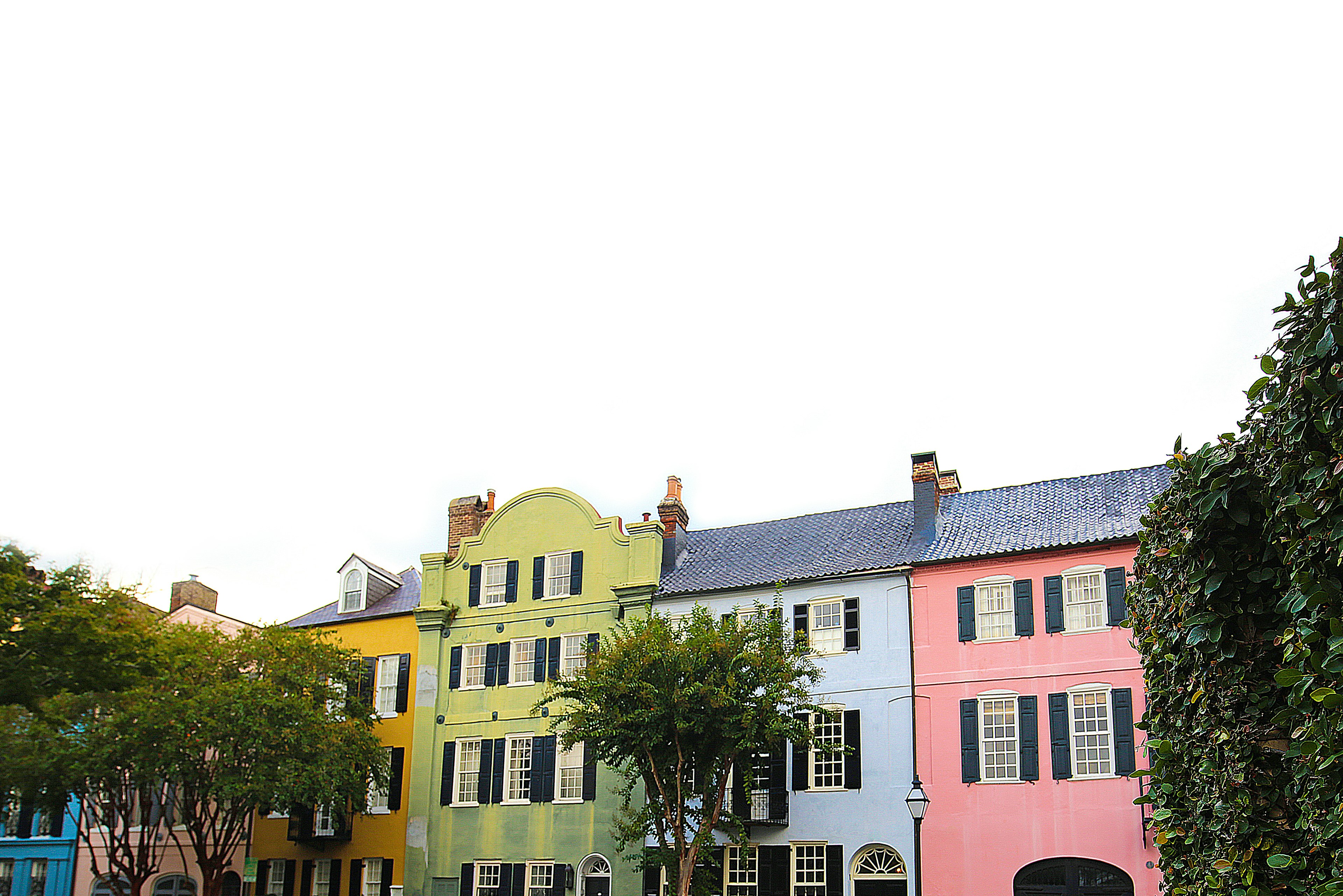 Colorful facades of rainbow row homes in Charleston