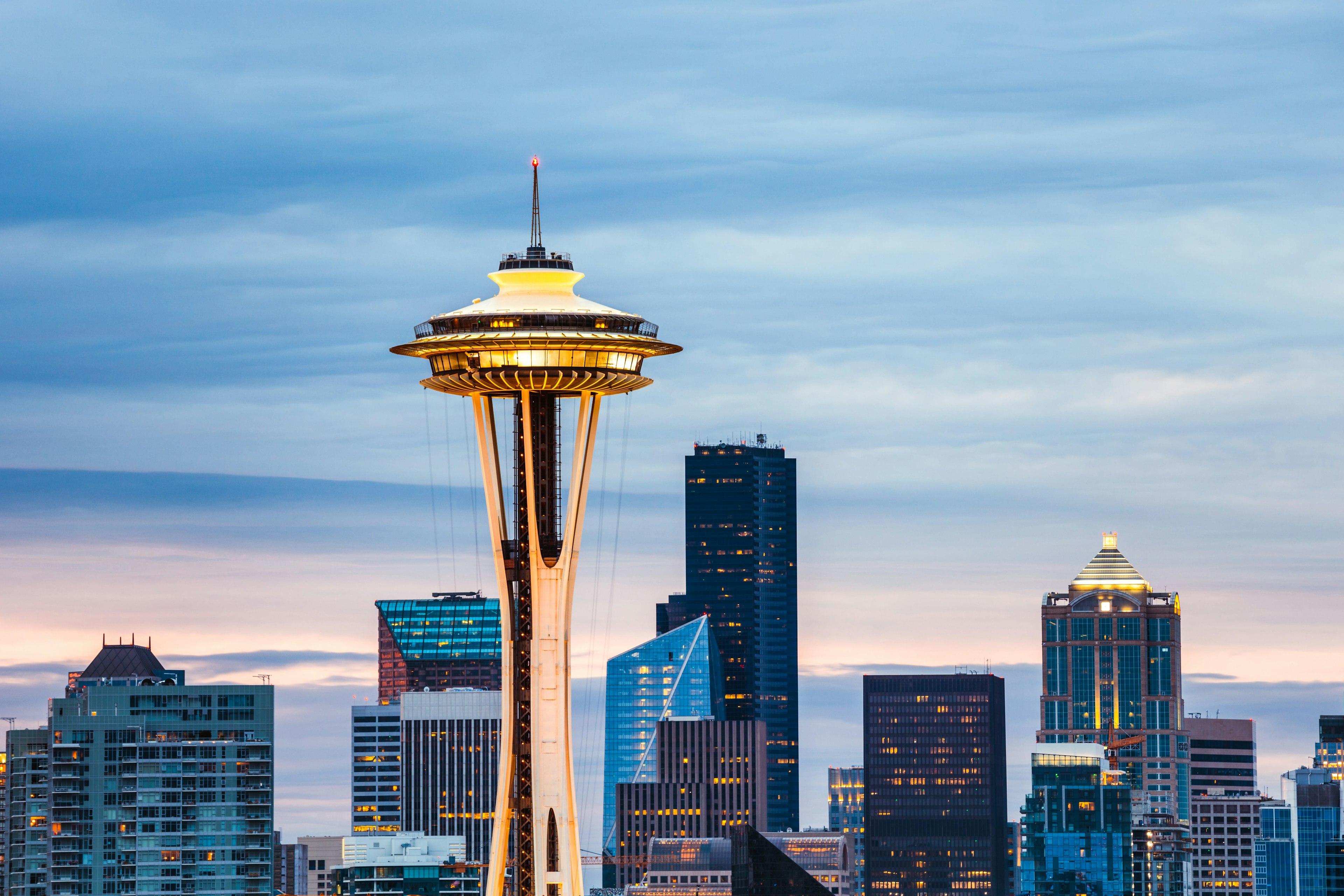 The Space Needle and skyline at dawn, Seattle