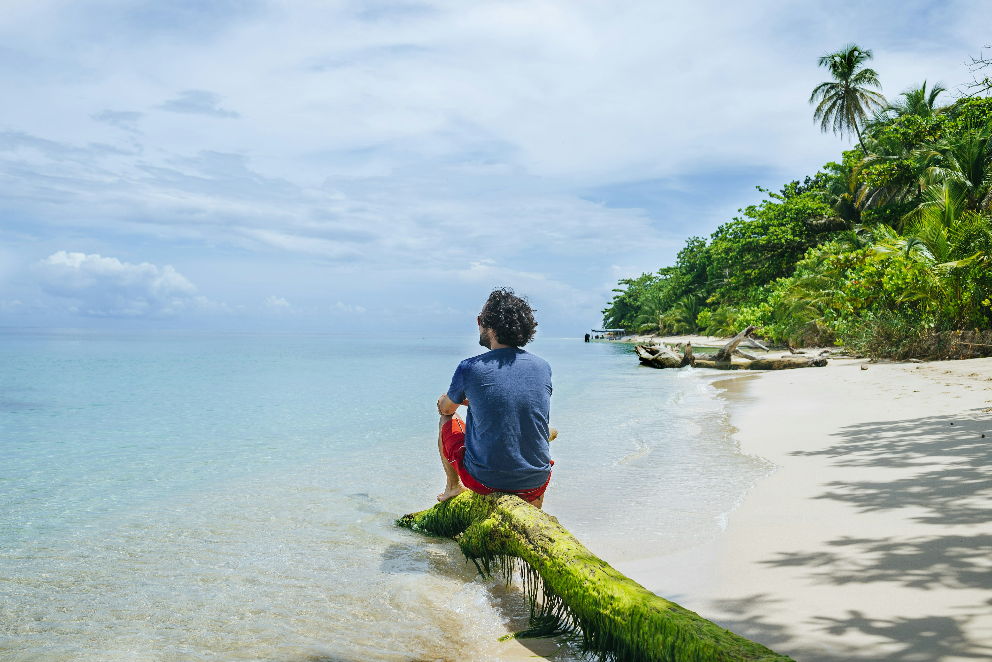 Man sitting on a tree trunk at the beach on Cayo Zapatilla.