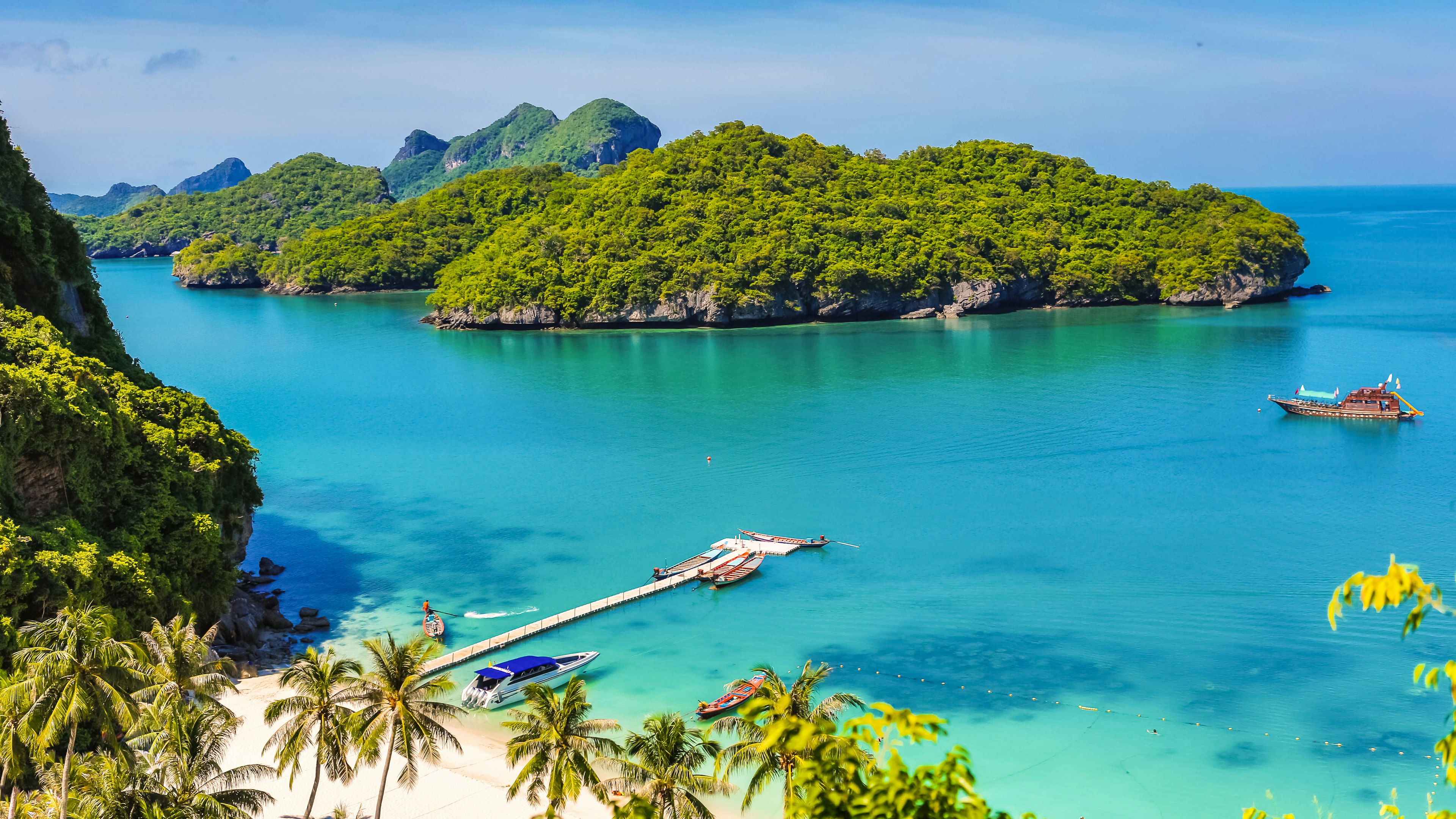 A boat floats by a small island covered in green undergrowth