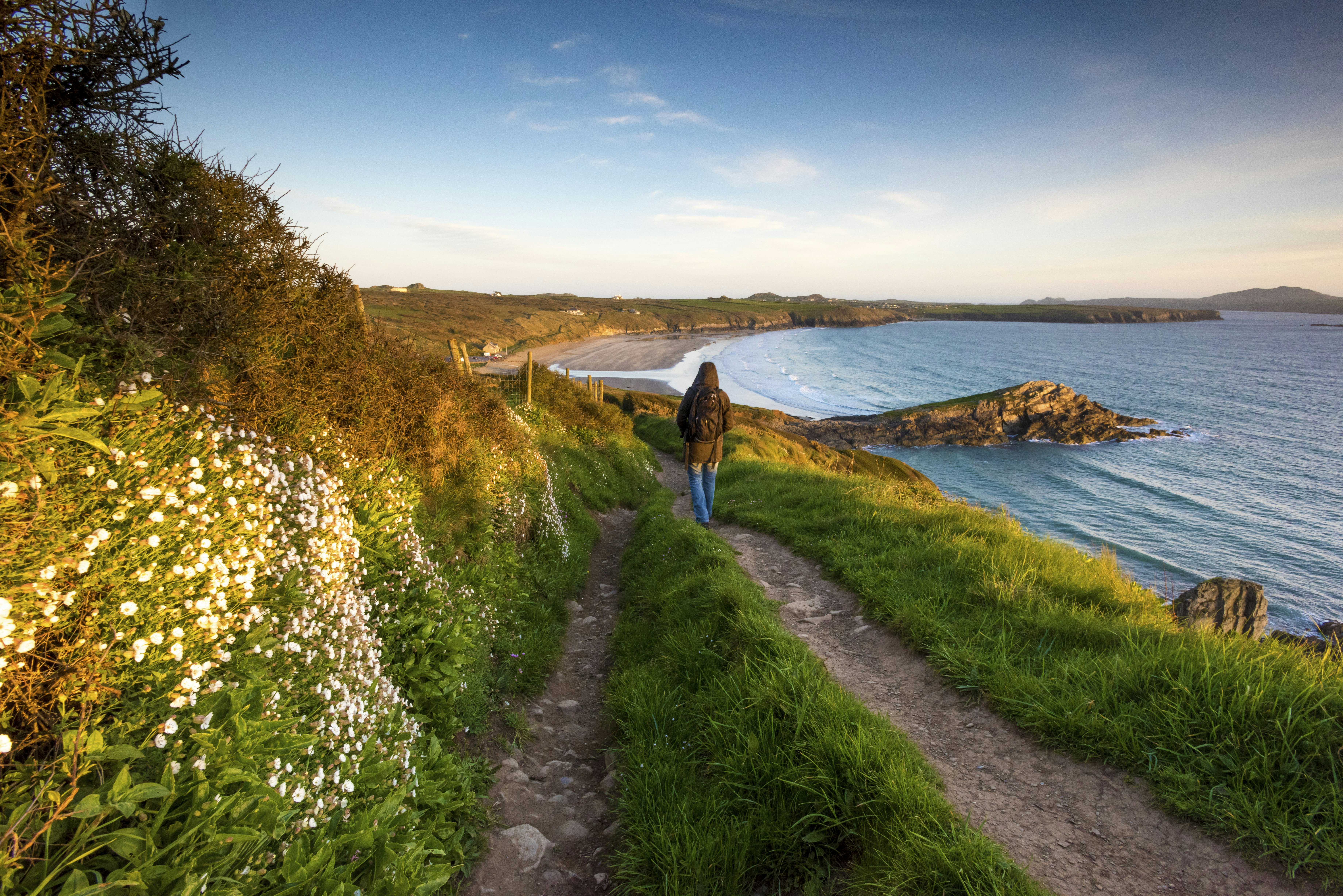 A walker follows a rustic Welsh coastline.