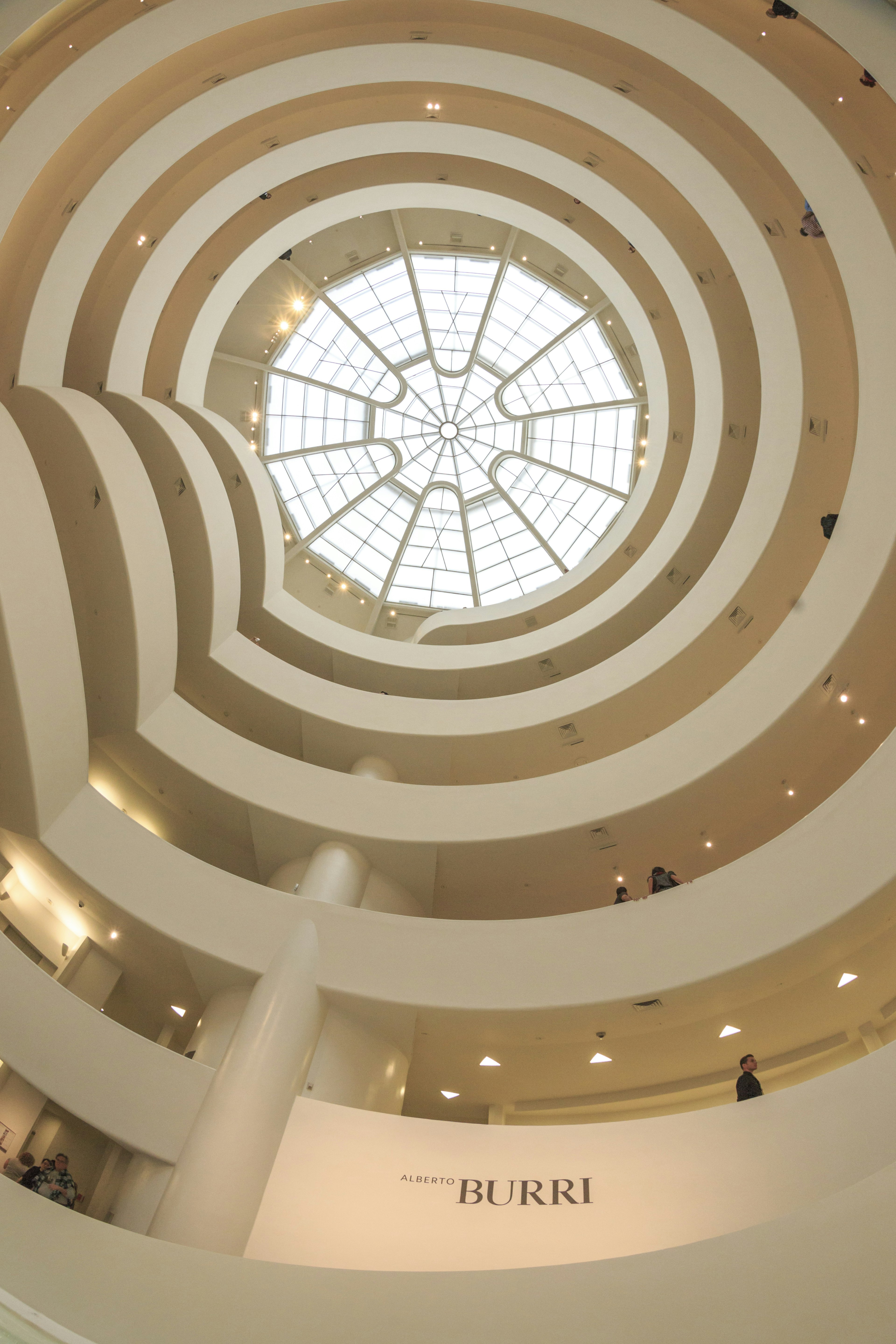 View of the central staircase and the window dome at the Guggenheim Museum in New York City.