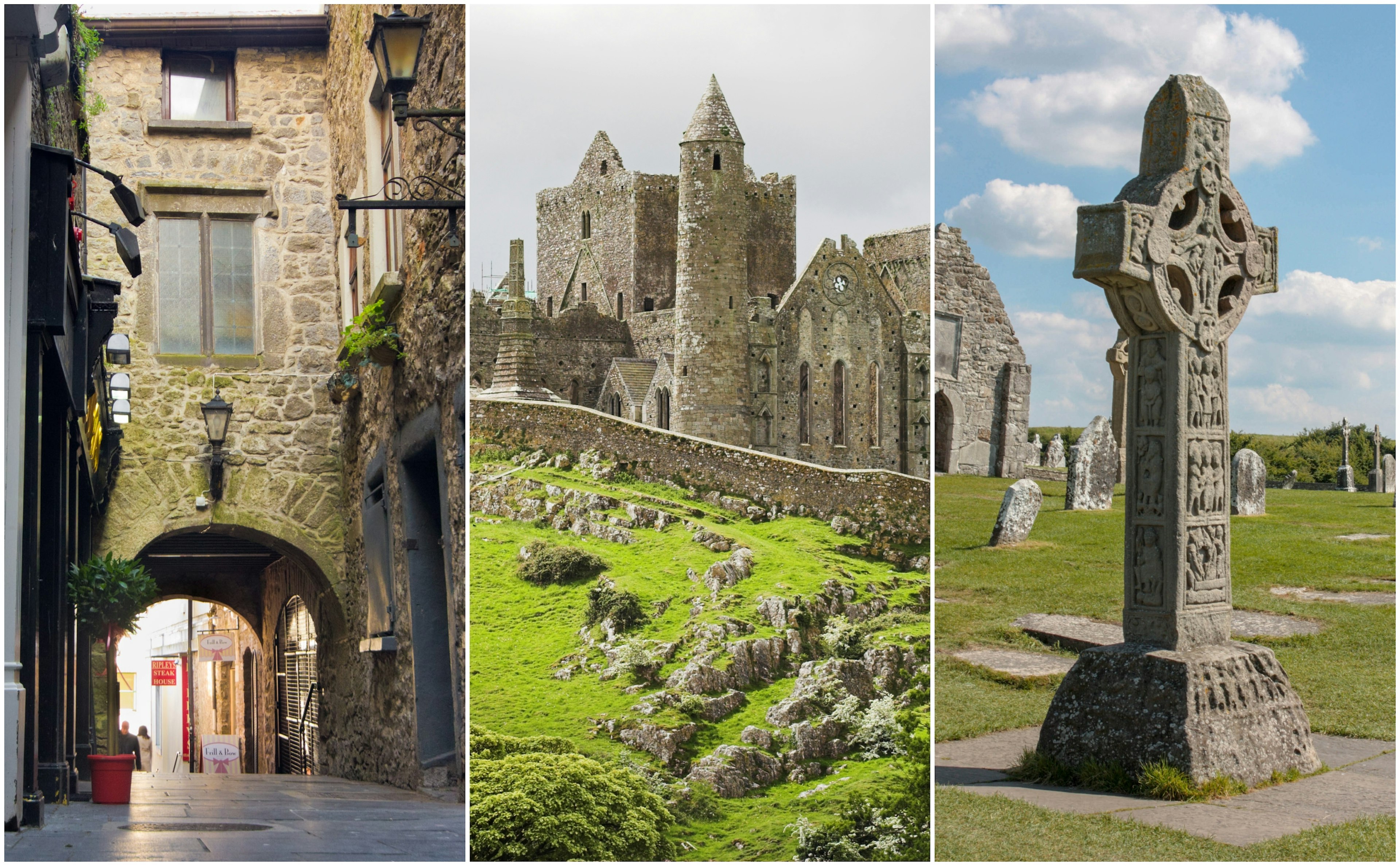 Left: a medieval city street; center: a hilltop castle; right: an ancient headstone