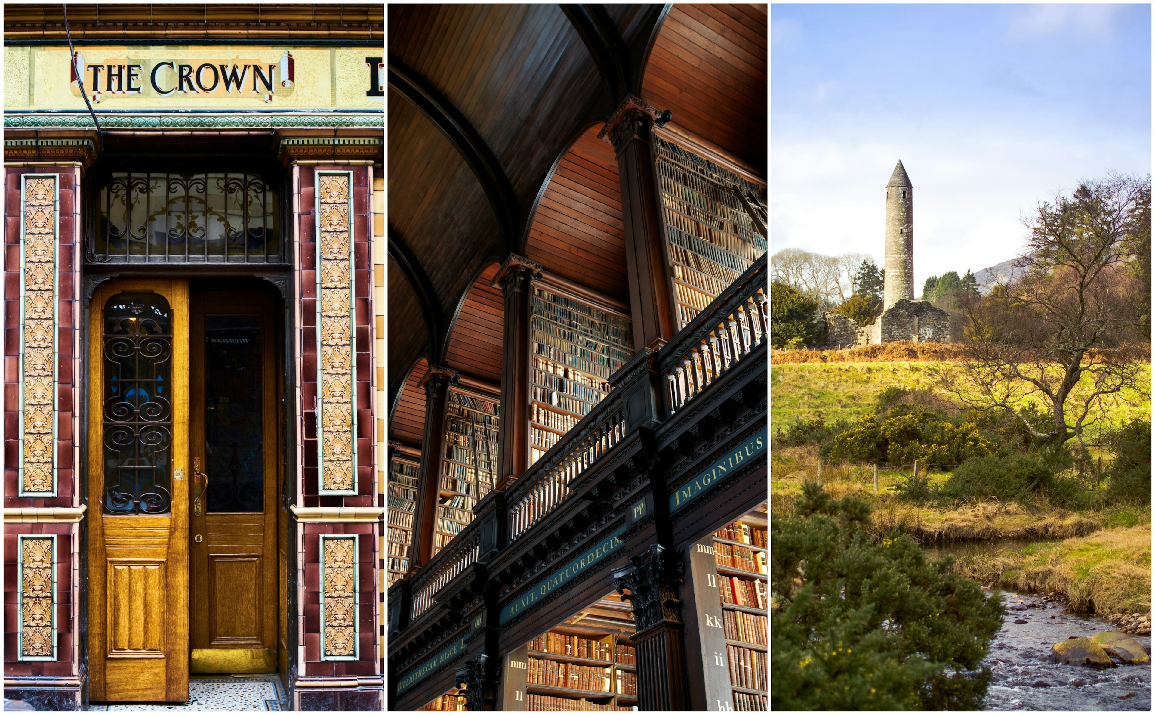 Left: the tiled entrance to a pub called The Crown; center: a grand room lined with books; right: an ancient stone tower in a rural landscape