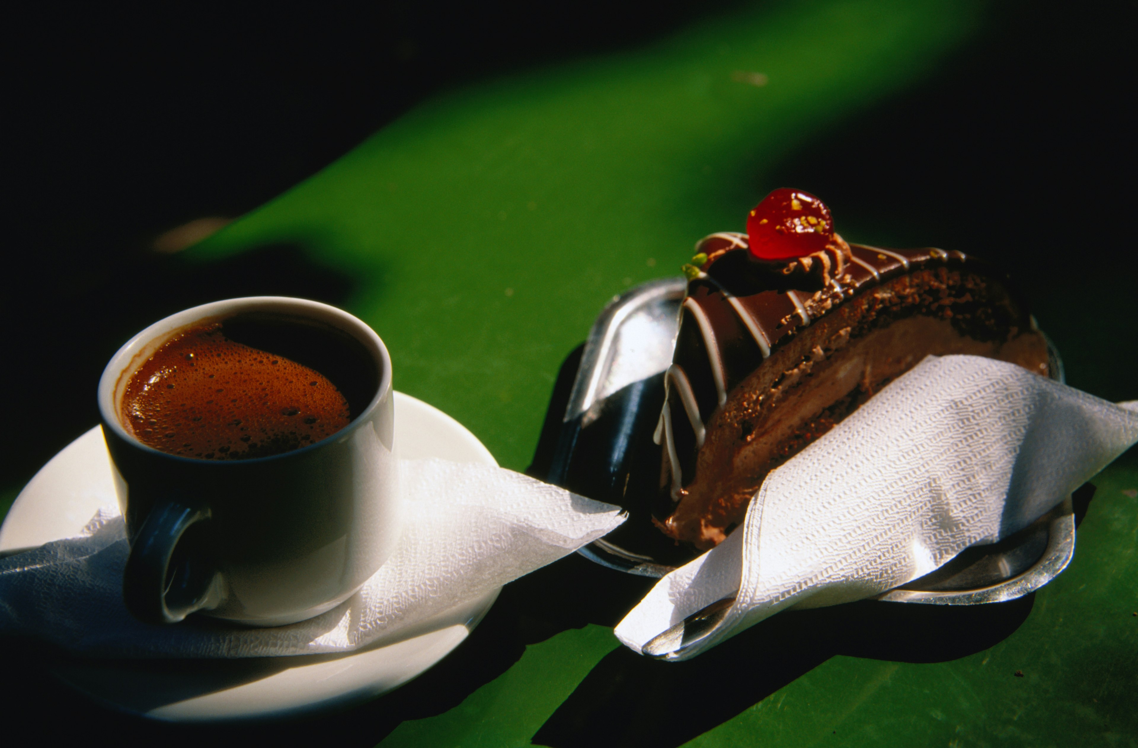 Coffee and chocolate cake at cafe in National Gardens