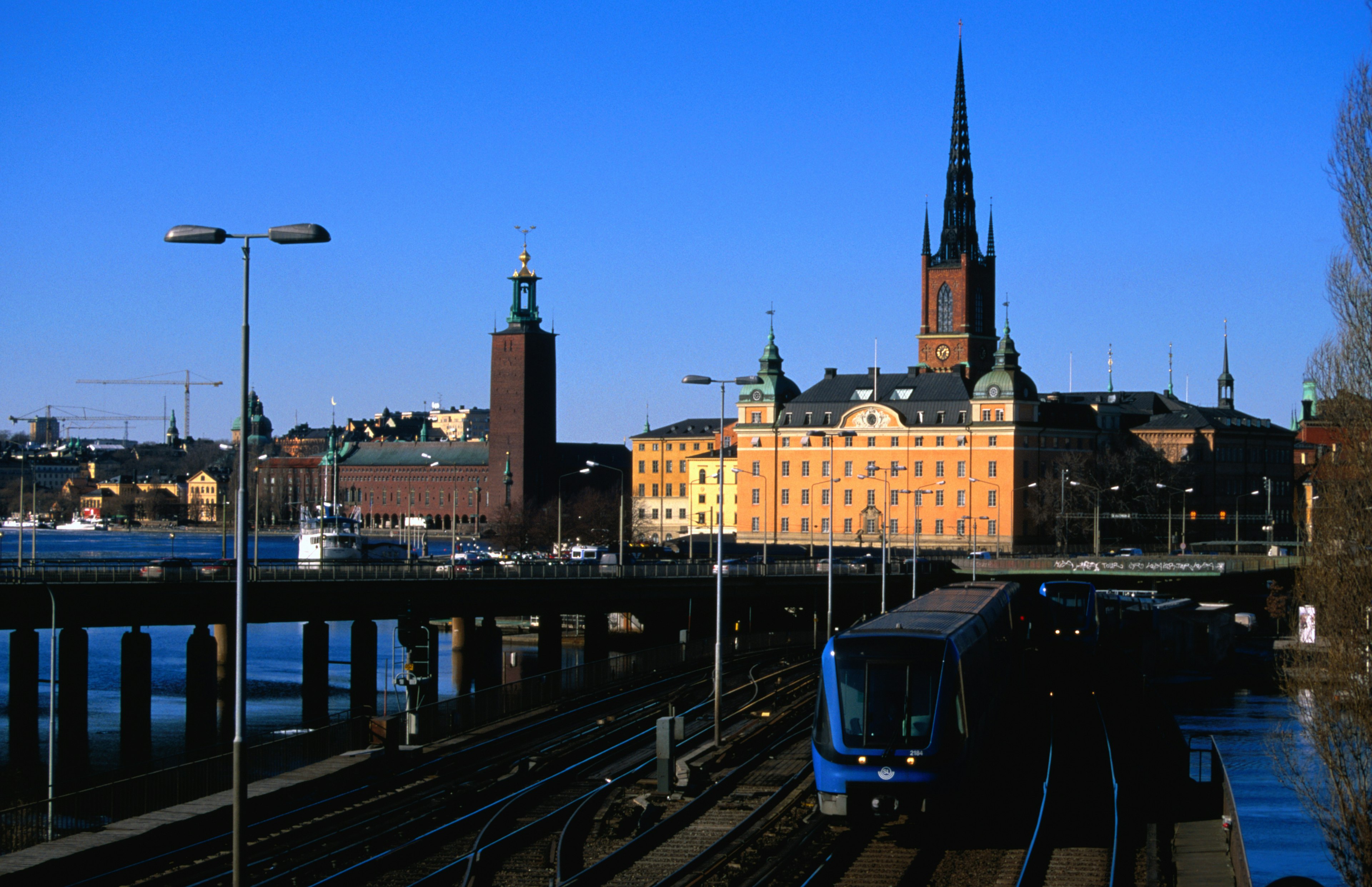 An overview of a train as it makes its way from Gamla Stan in Stockholm