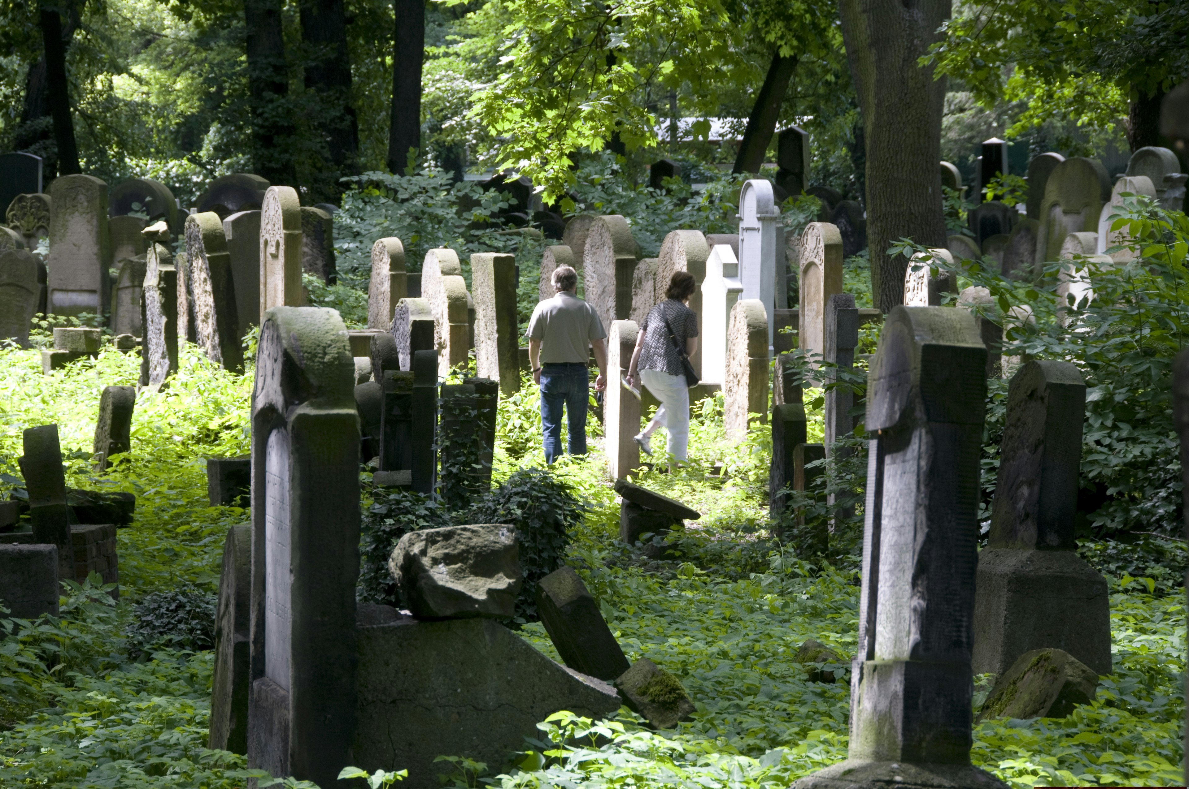 Two figures pause to pay their respects at gravestones in a cemetery