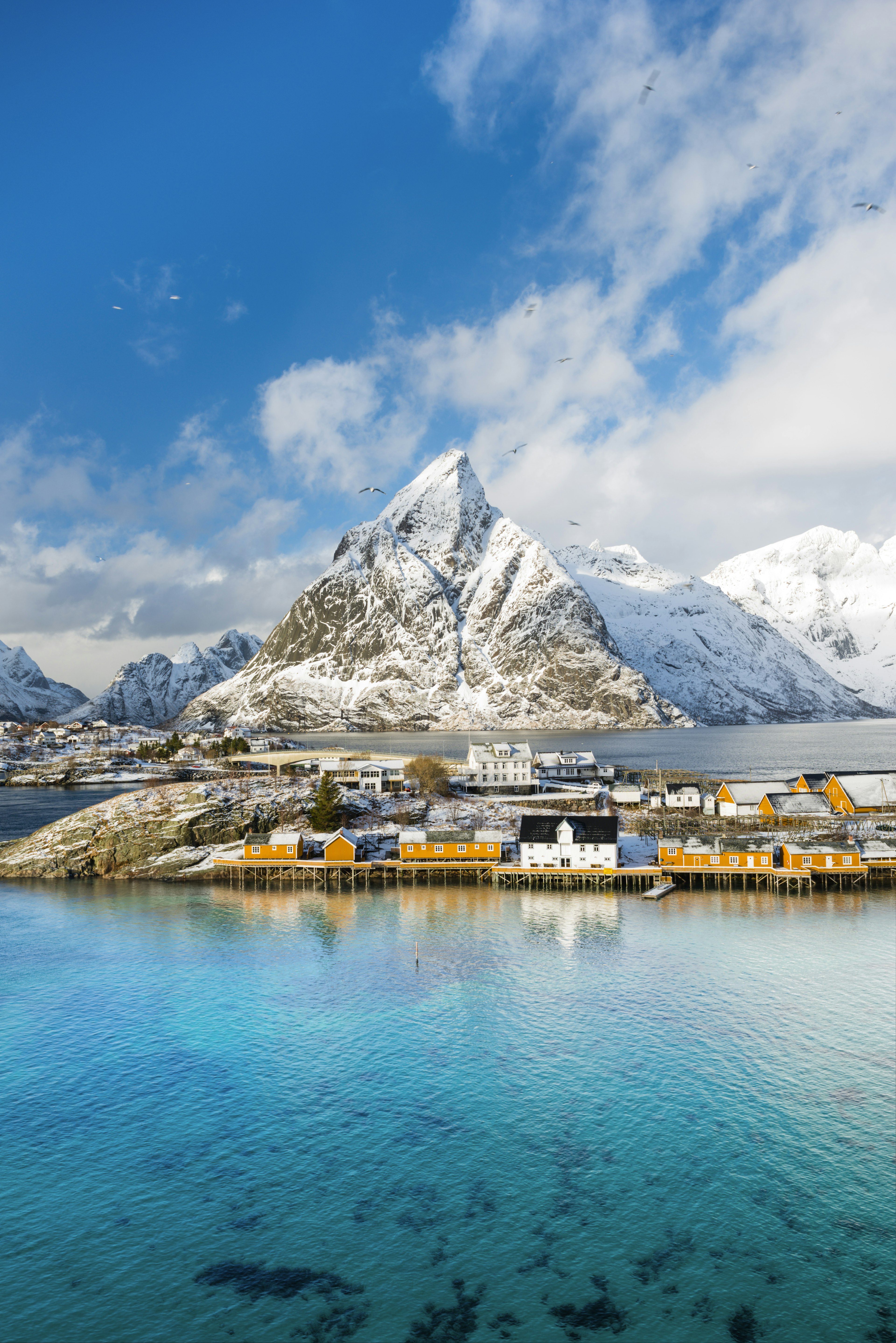 A snow-covered mountain in front of bright blue water.