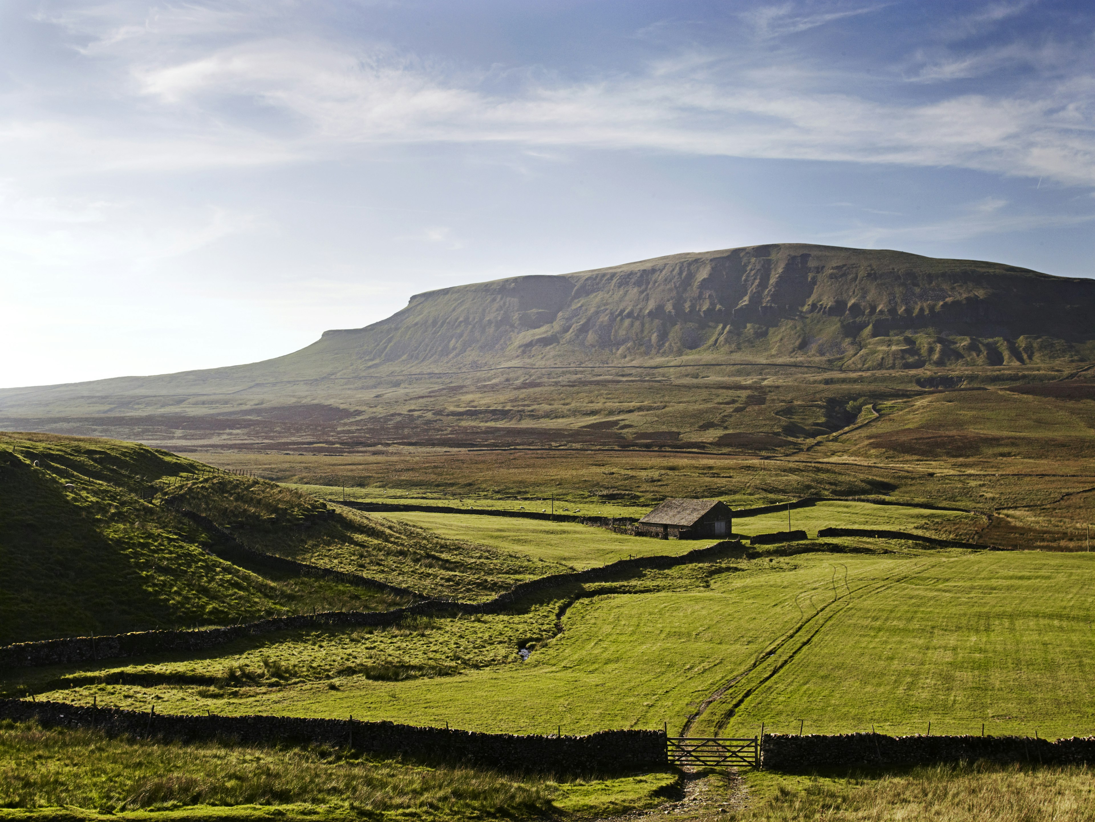 Rolling green fields leading to a flat-topped hill