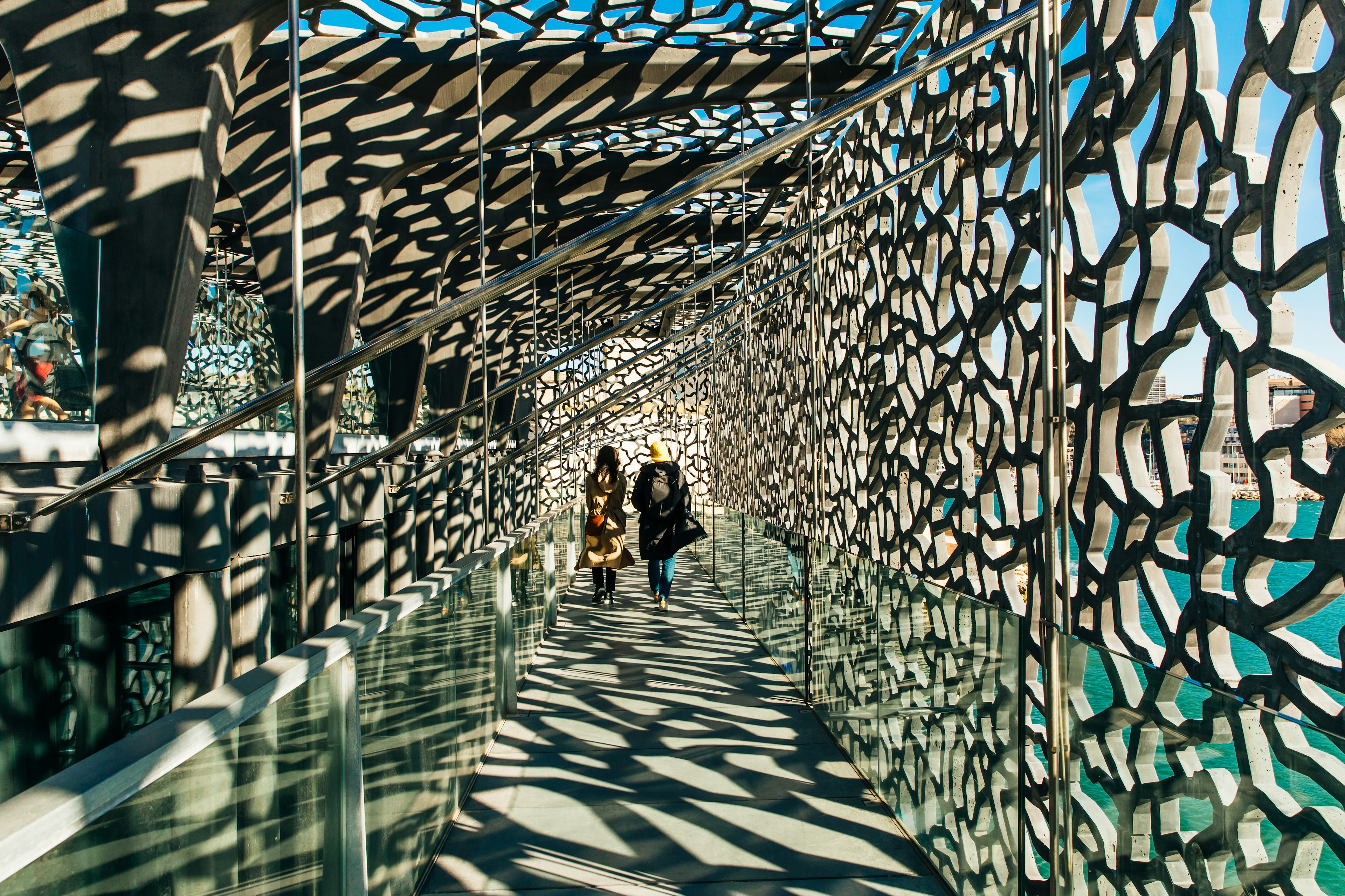 Two visitors on a walkway inside Mucem, a museum that is helping to revive Marseille’s pan-Mediterranean links