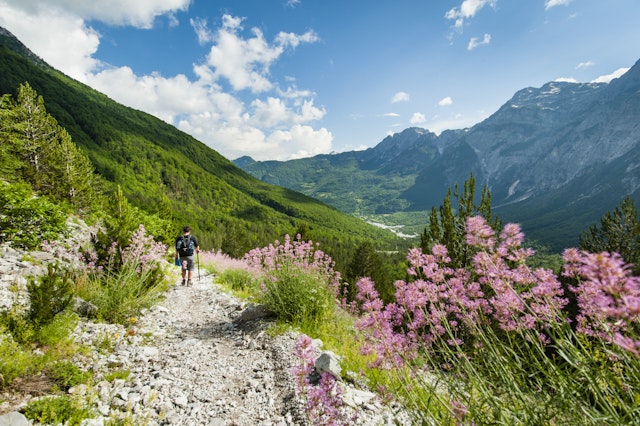 Descending from the Qafae Pëjes pass towards the village of Theth, Albania