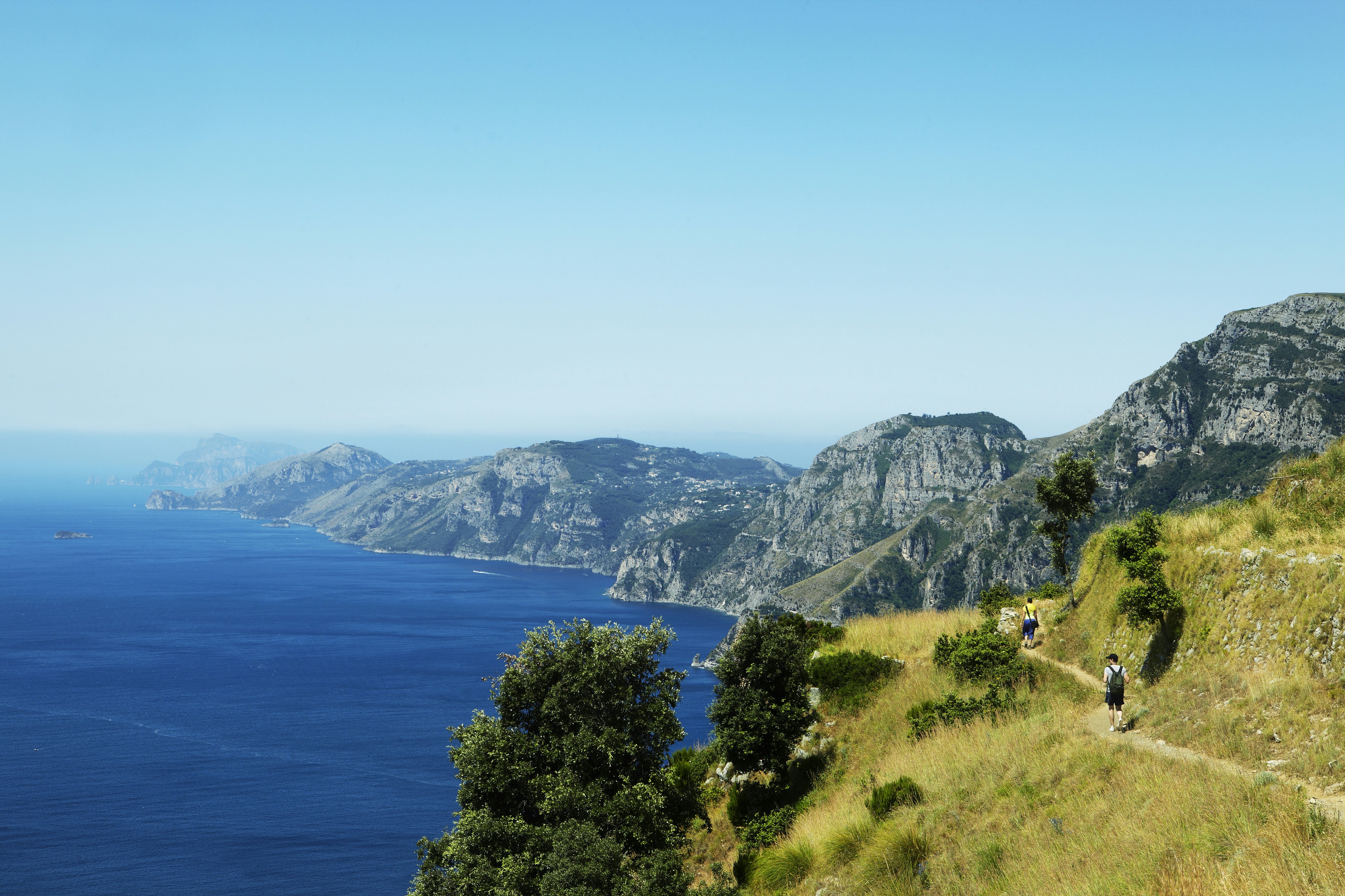 Sentiero Degli Dei (Path of the Gods) overlooking Positano and Isle of Capri, Campania, Italy