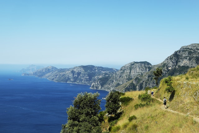Sentiero Degli Dei (Path of the Gods) overlooking Positano and Isle of Capri, Campania, Italy