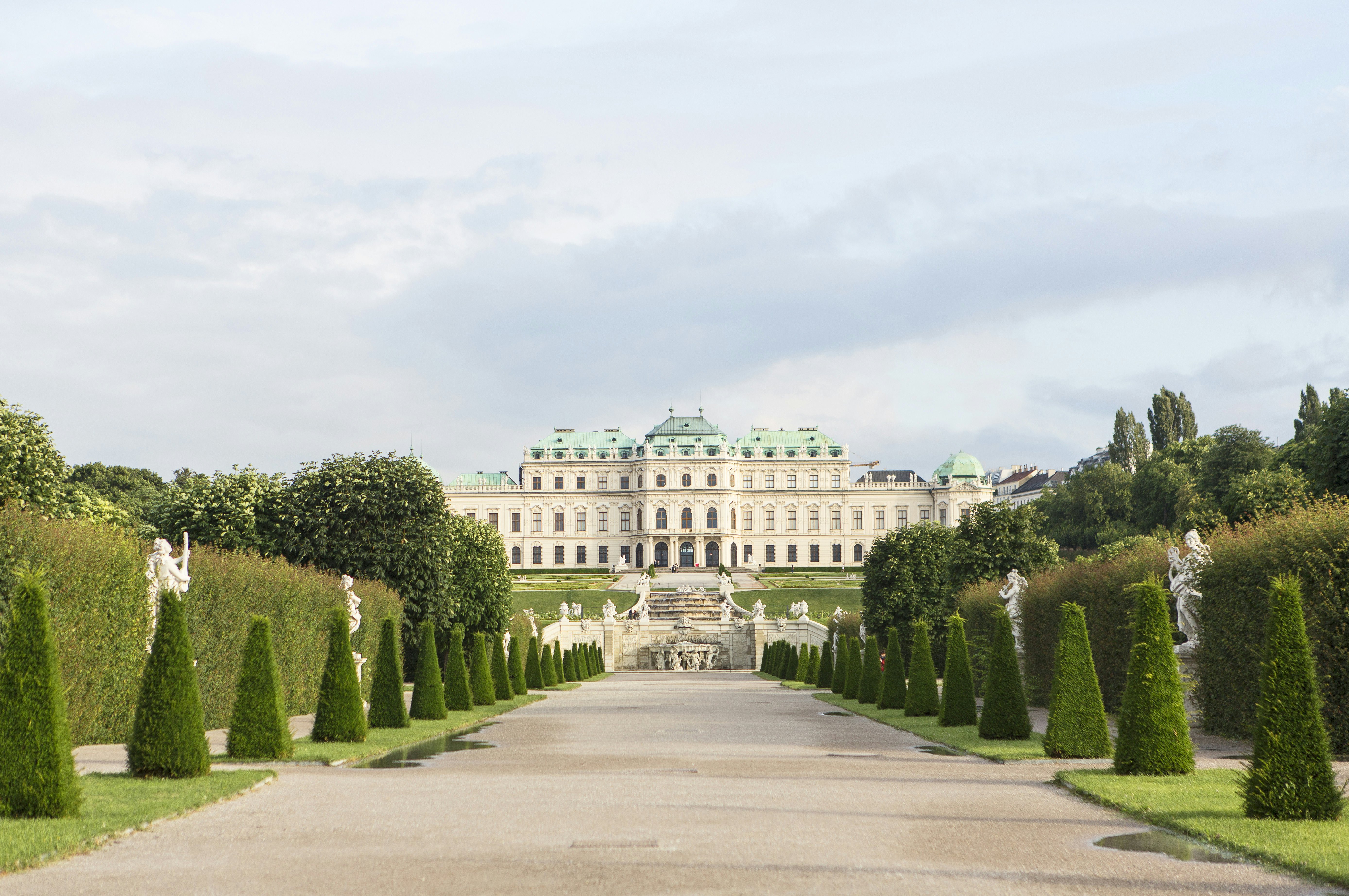 Belvedere Gardens in Vienna with trees on both sides of the driveway