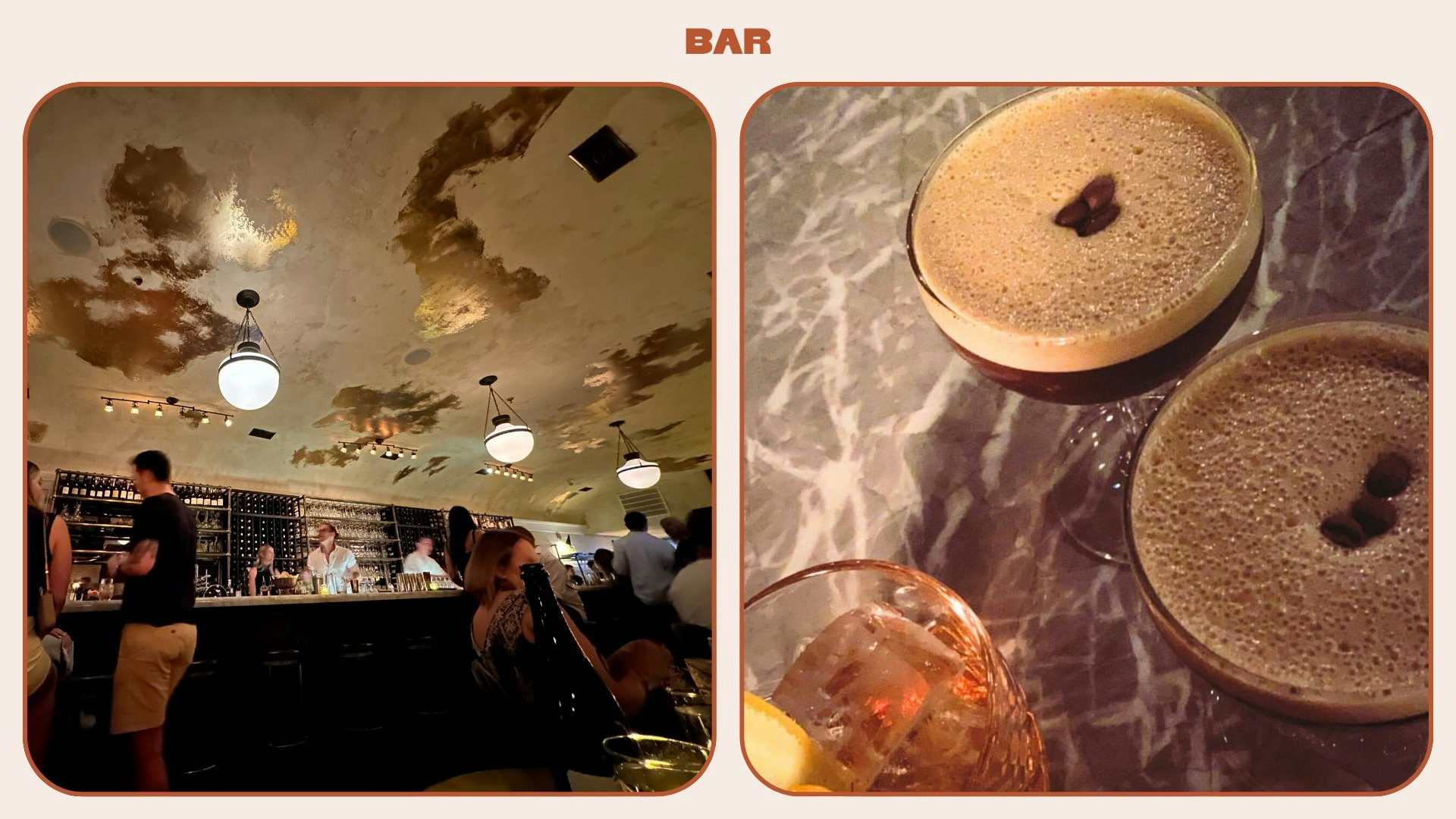 Left: Interior of Vintage Lounge, Right: Espresso martinis at Vintage Lounge