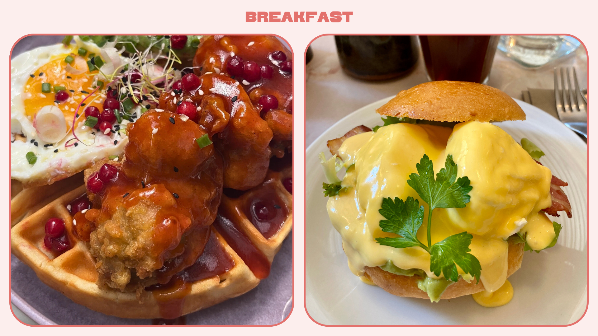 Diptych with images of breakfast foods in Paris. L: Eggs and waffles at Keopi. R: Egg sandwich at Saint Pearl 