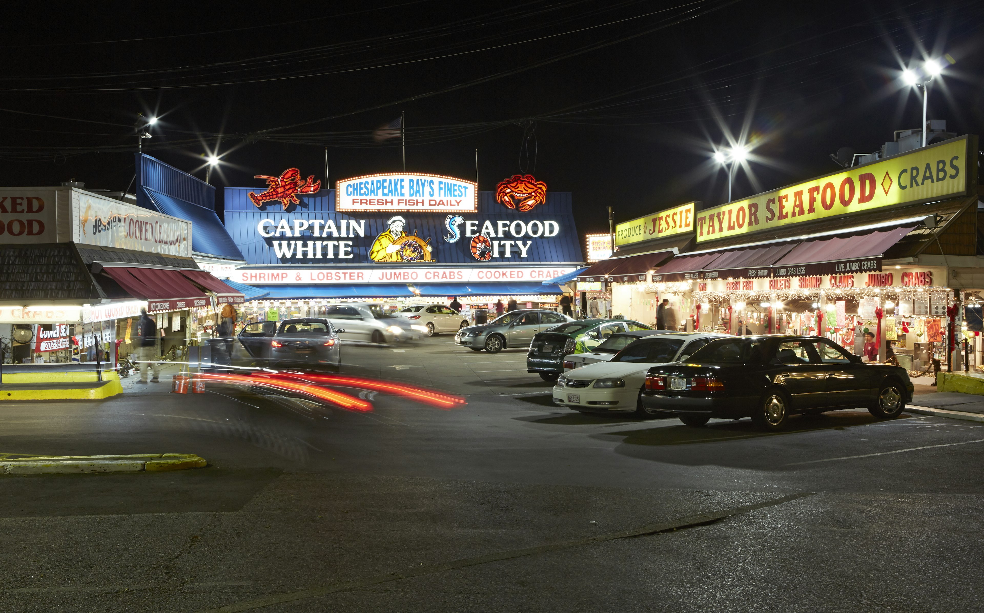 Maine Avenue Fish market illuminated at night