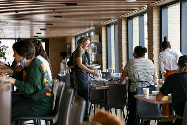 Co-owner, Dana Thompson with staff at Owamni by The Sioux Chef